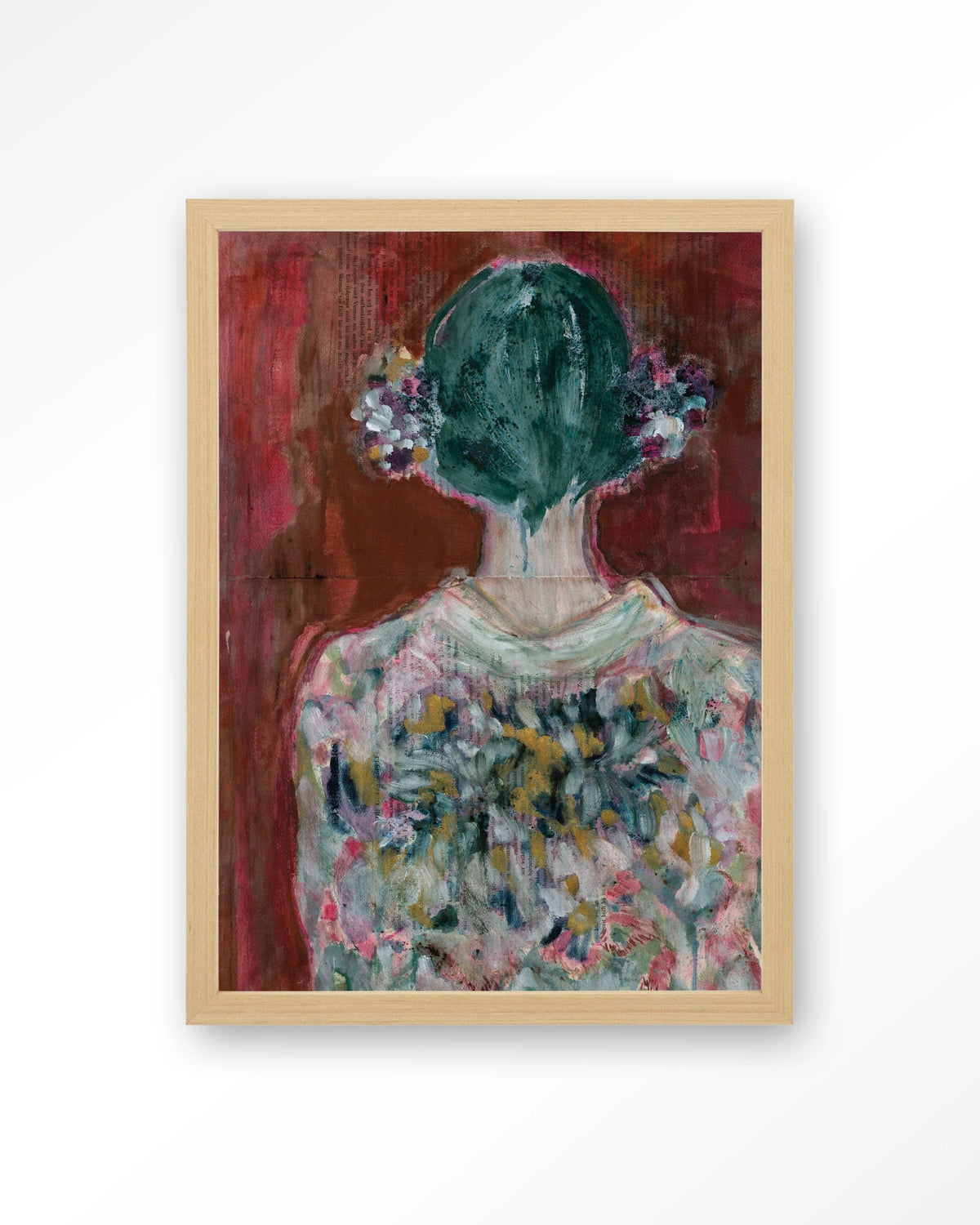 Red Velvet – vrouw van achteren in bloemenjurk – Art print – Hout naturel