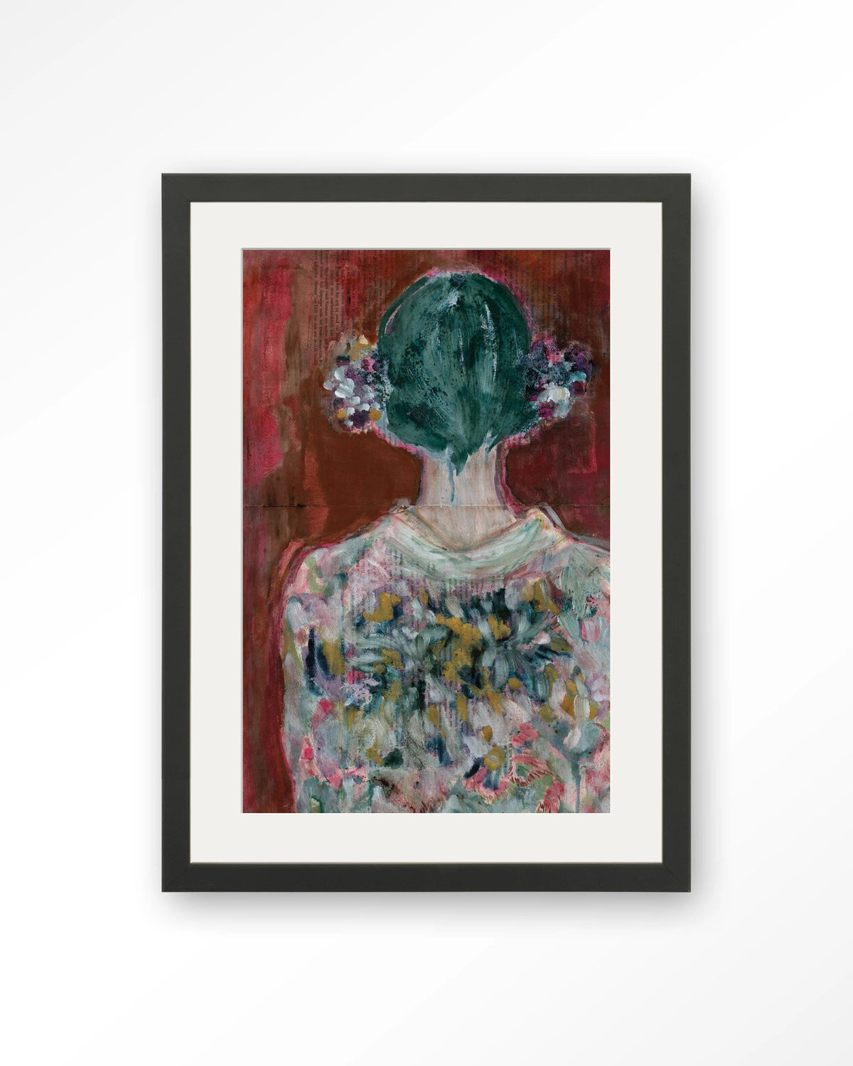 Red Velvet – vrouw van achteren in bloemenjurk – Art print – Hout zwart + passe-partout