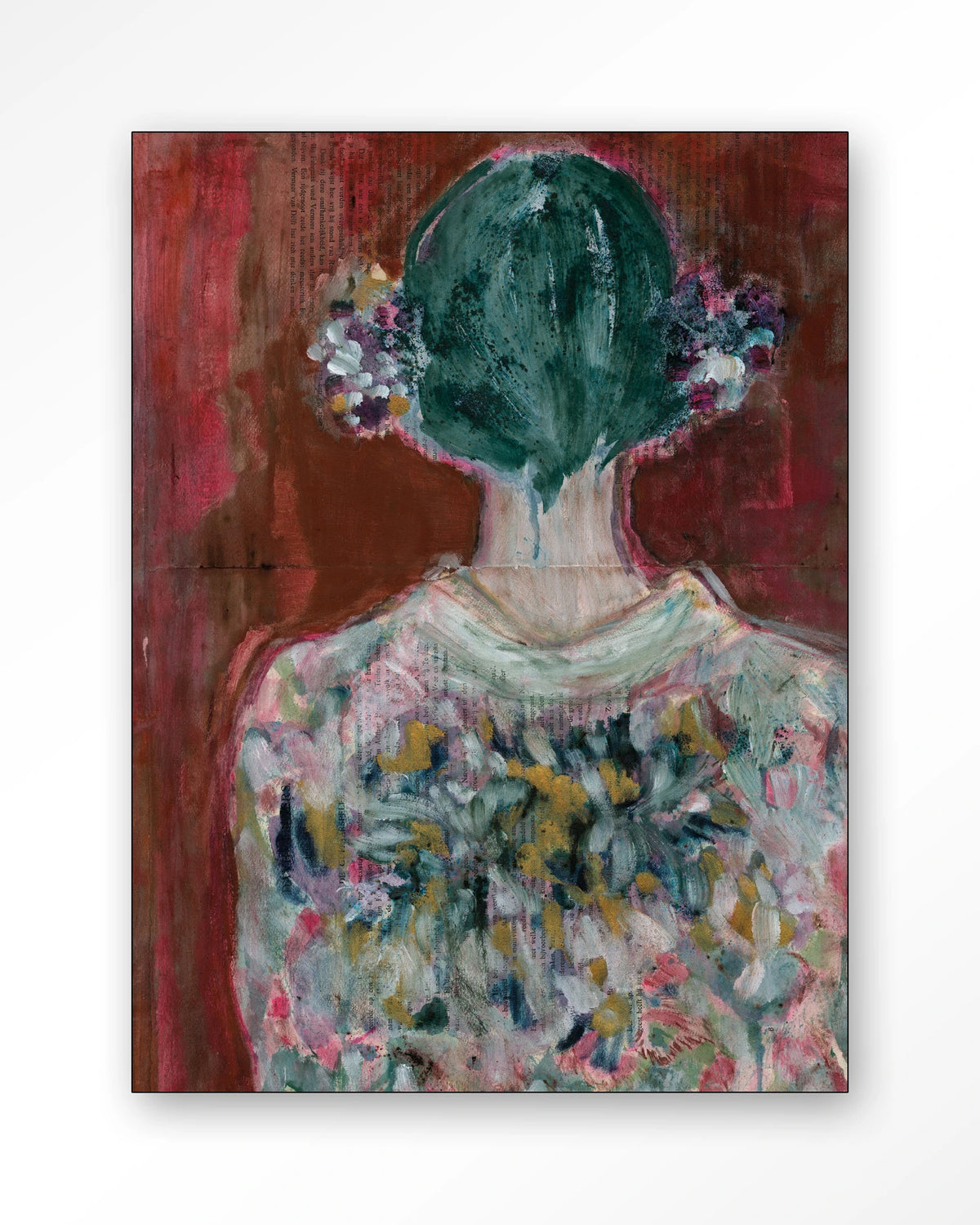 Red Velvet – vrouw van achteren in bloemenjurk – Wandkleed – Frame – zwart