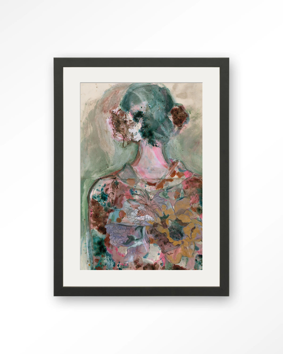 Eclectic – abstract vrouwelijk figuur met bloemen – Art print – Hout zwart + passe-partout