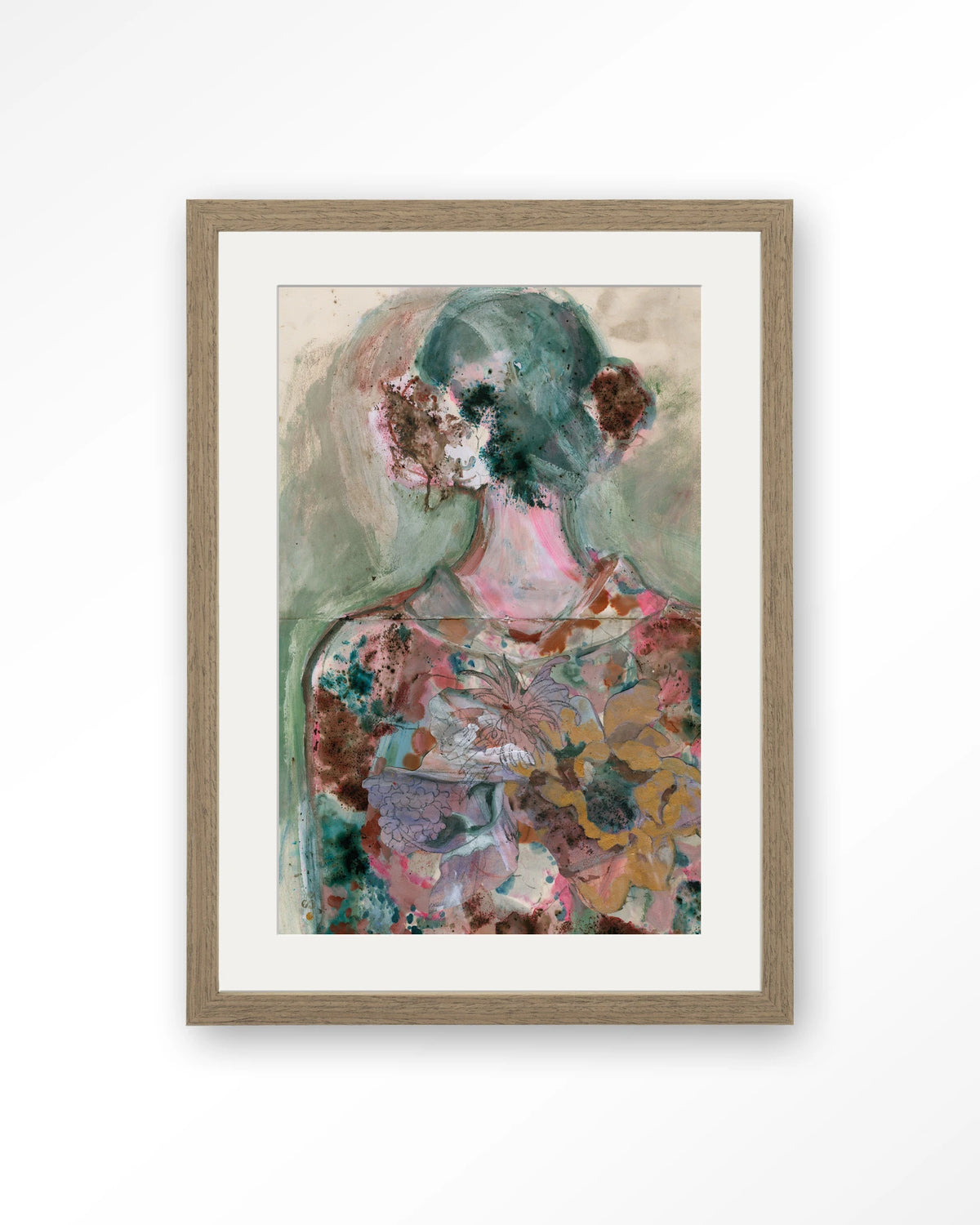 Eclectic – abstract vrouwelijk figuur met bloemen – Art print – Hout bruin + passe-partout