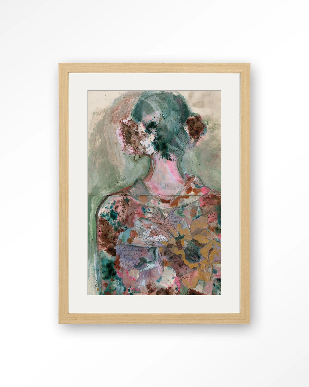 Eclectic – abstract vrouwelijk figuur met bloemen – Art print – Hout naturel + passe-partout