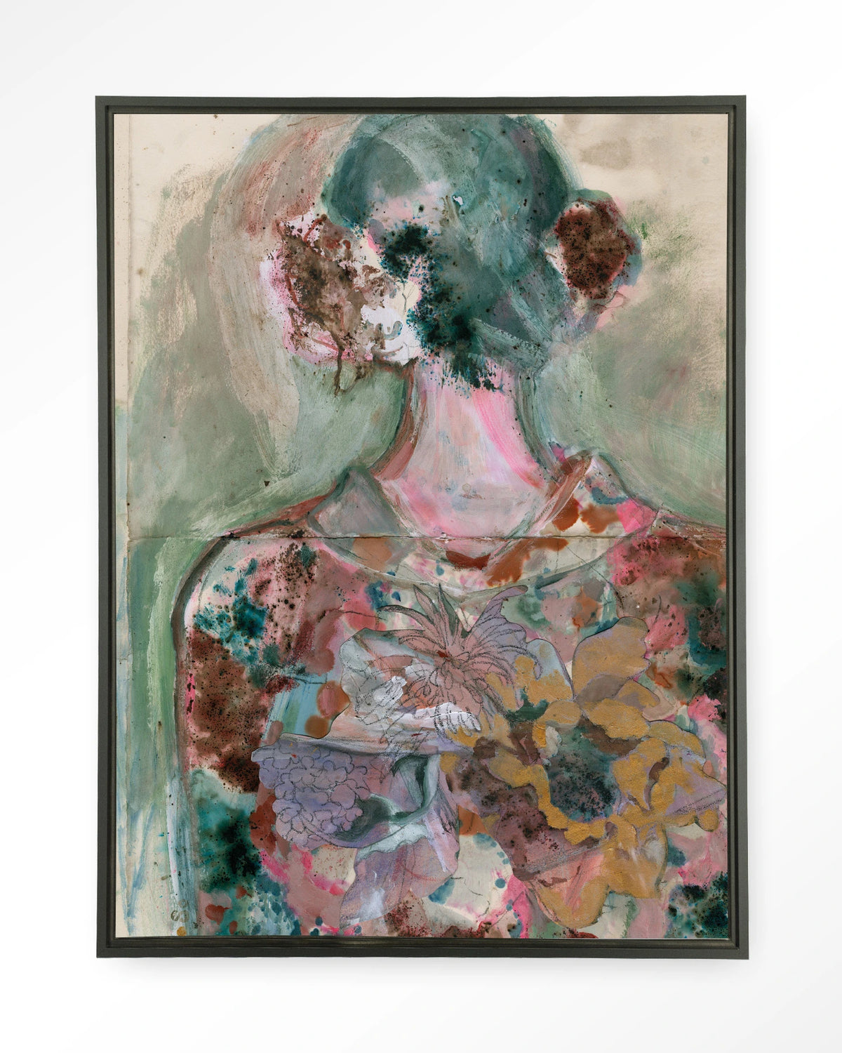 Eclectic – abstract vrouwelijk figuur met bloemen – Wandkleed – Floating frame – zwart