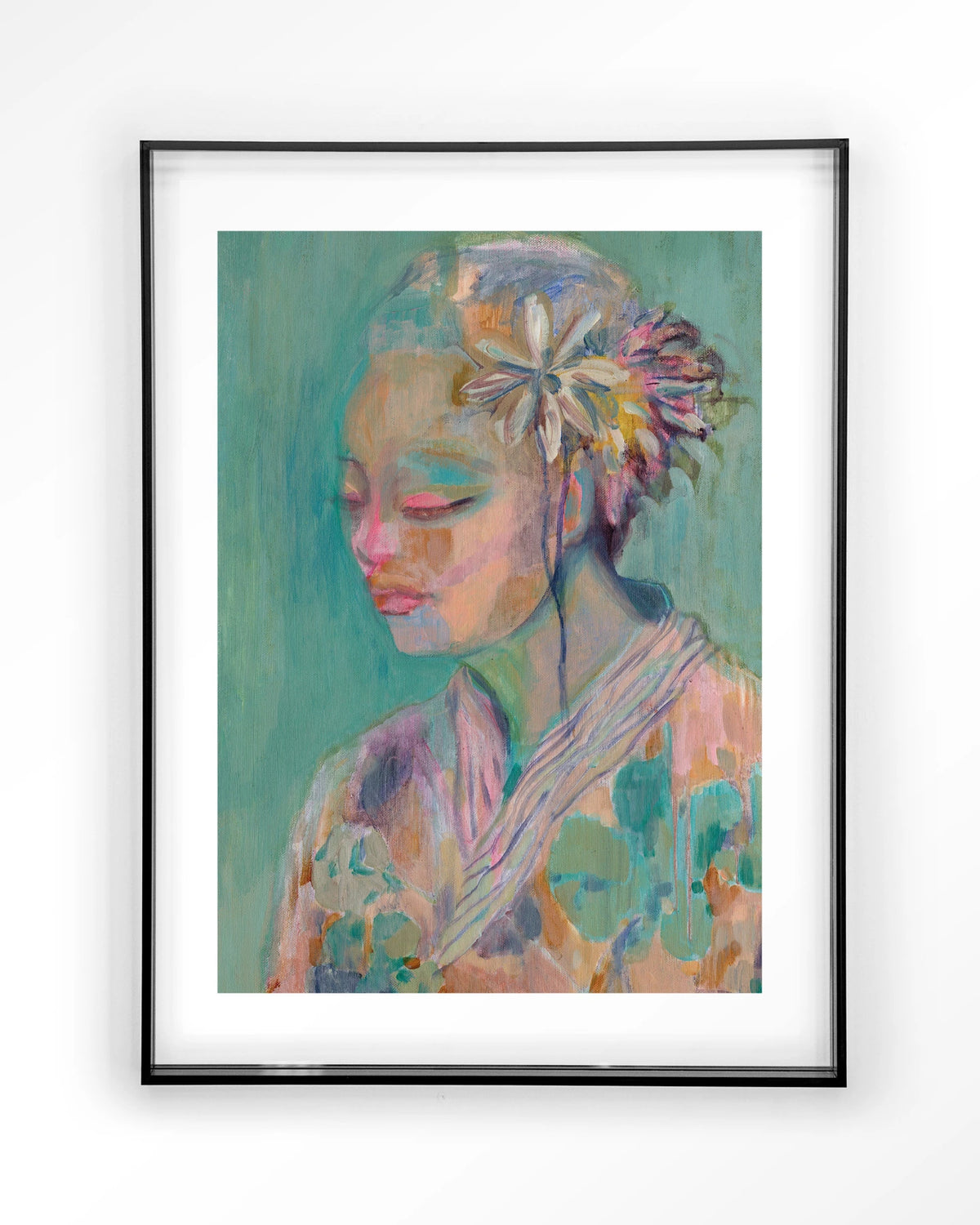 Calm – portret van vrouw met bloem in pastel – Art print – Acryl zwart