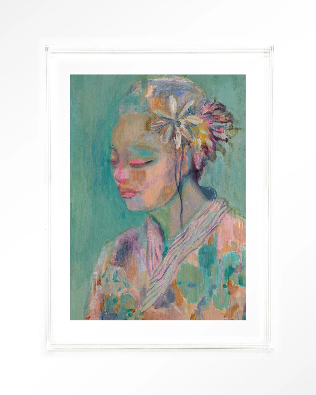 Calm – portret van vrouw met bloem in pastel – Art print – Acryl doorzichtig