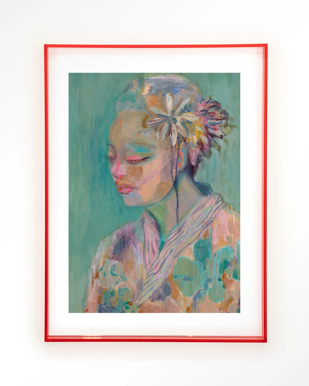 Calm – portret van vrouw met bloem in pastel – Art print – Acryl roze