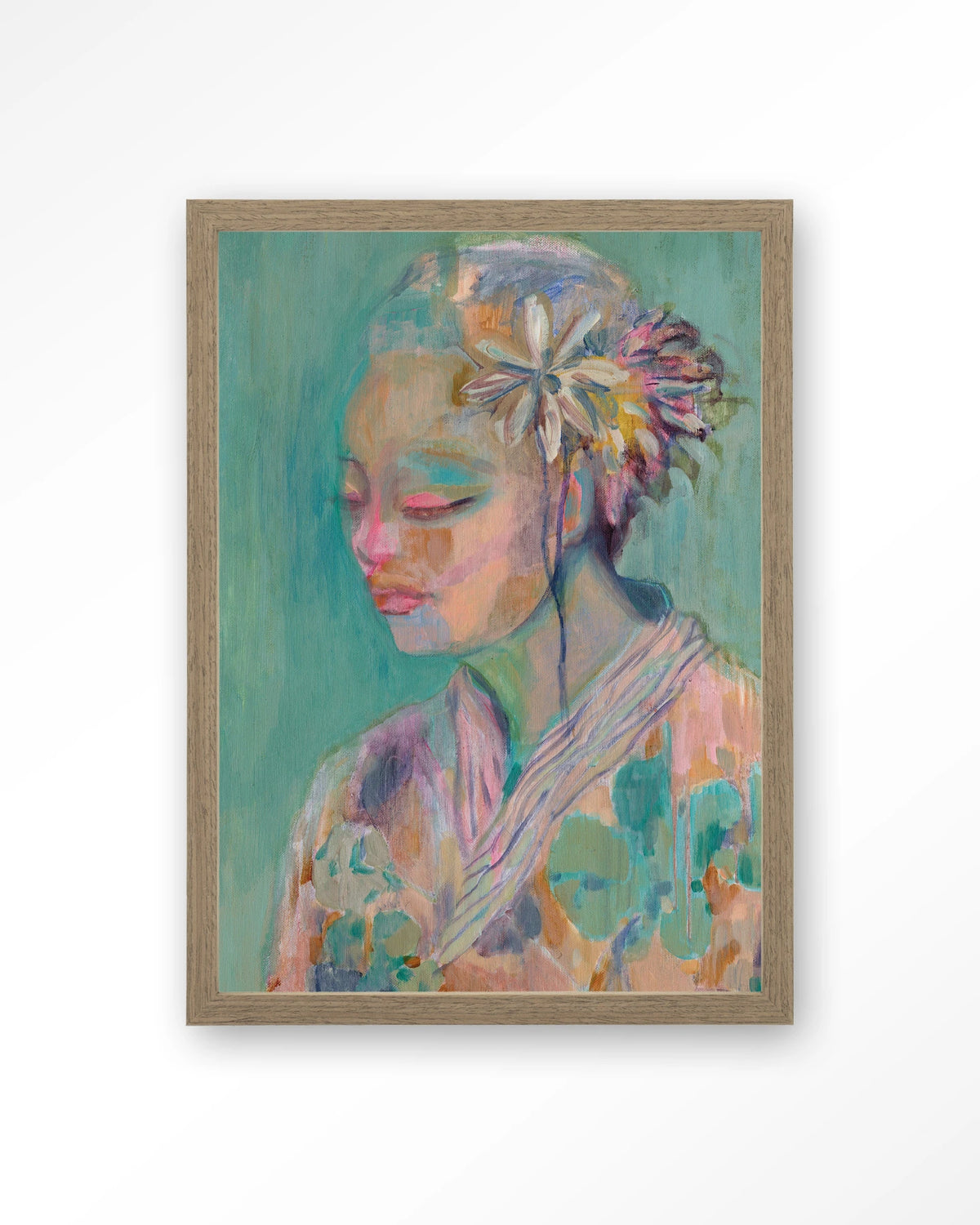Calm – portret van vrouw met bloem in pastel – Art print – Hout bruin