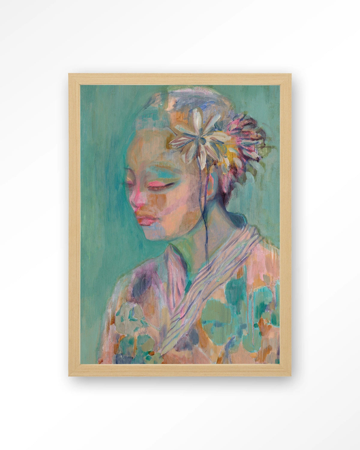 Calm – portret van vrouw met bloem in pastel – Art print – Hout naturel