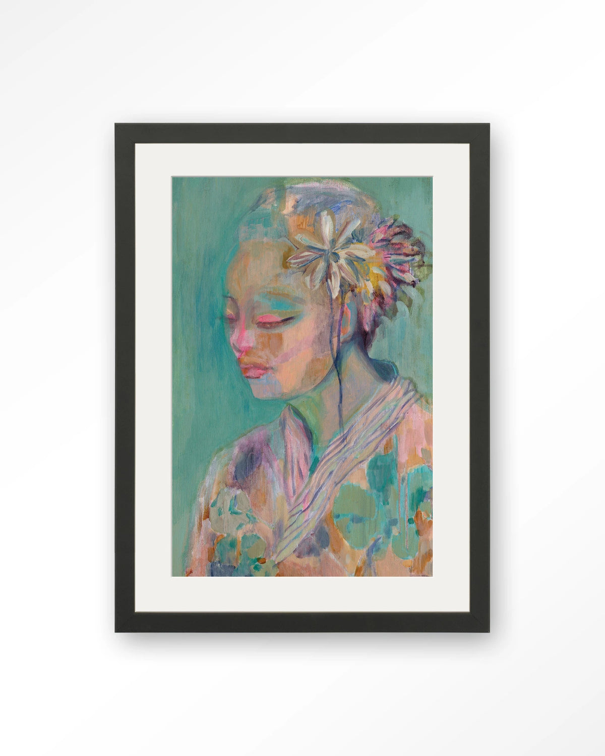 Calm – portret van vrouw met bloem in pastel – Art print – Hout zwart + passe-partout