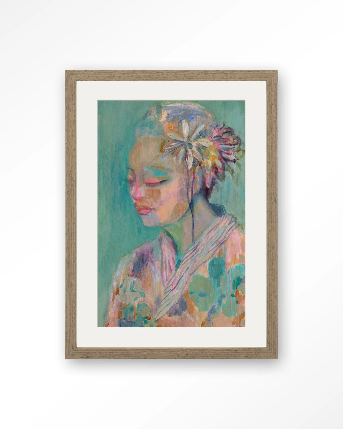 Calm – portret van vrouw met bloem in pastel – Art print – Hout bruin + passe-partout