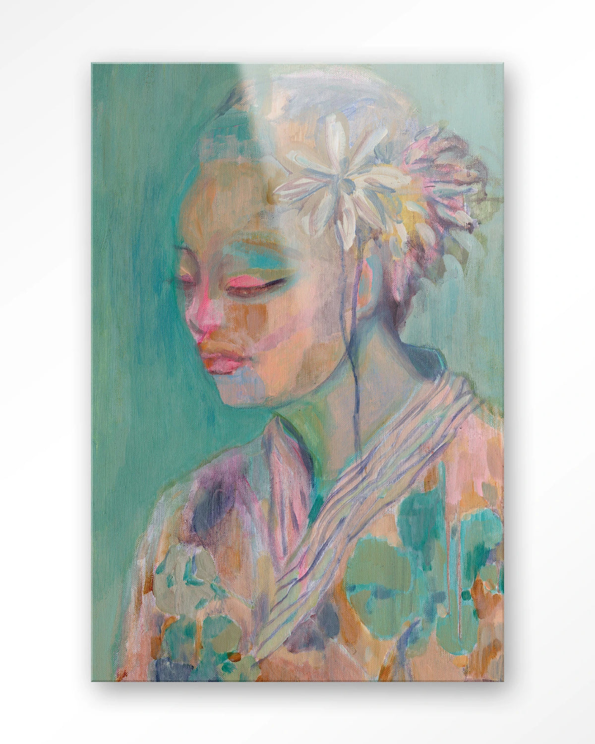 Calm – portret van vrouw met bloem in pastel – Glas – Blinde montage
