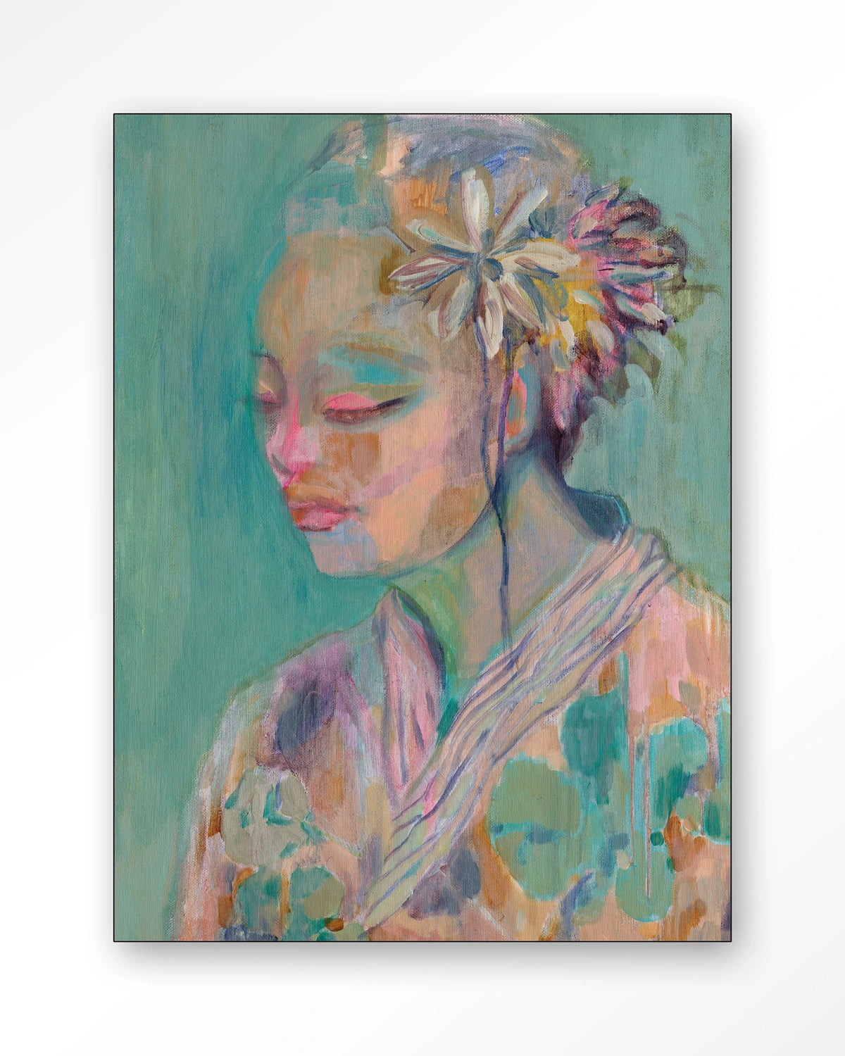 Calm – portret van vrouw met bloem in pastel – Wandkleed – Frame – zwart