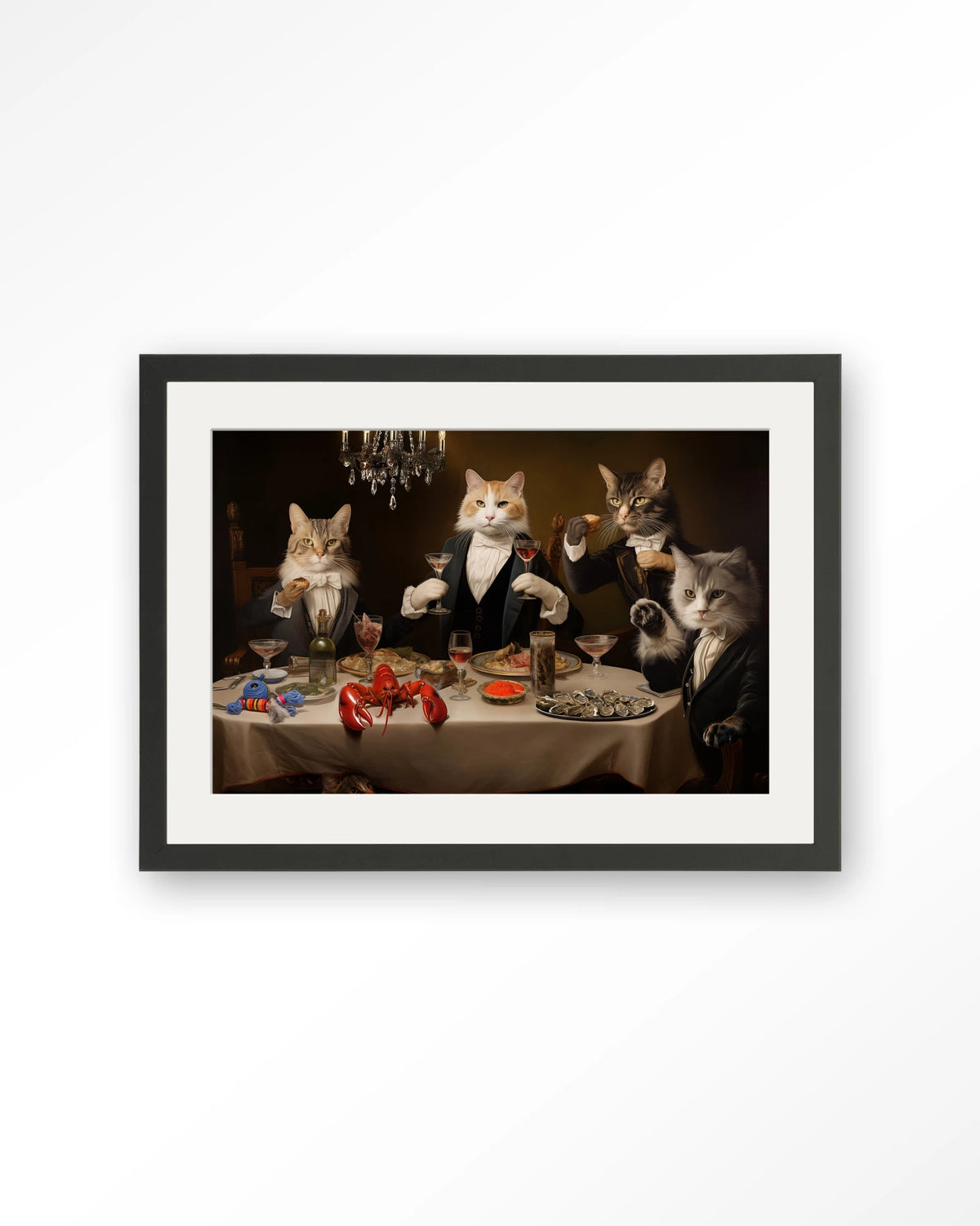 Cat Supper – katten aan diner – Art print – Hout zwart + passe-partout