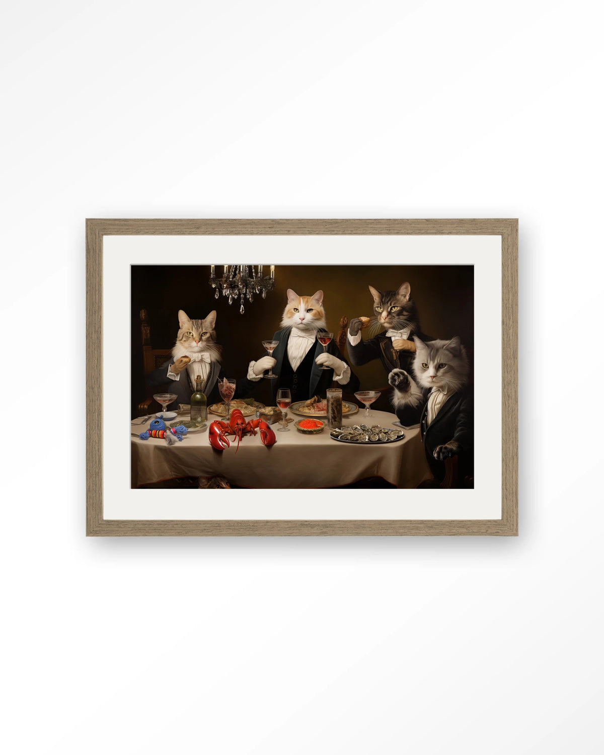 Cat Supper – katten aan diner – Art print – Hout bruin + passe-partout
