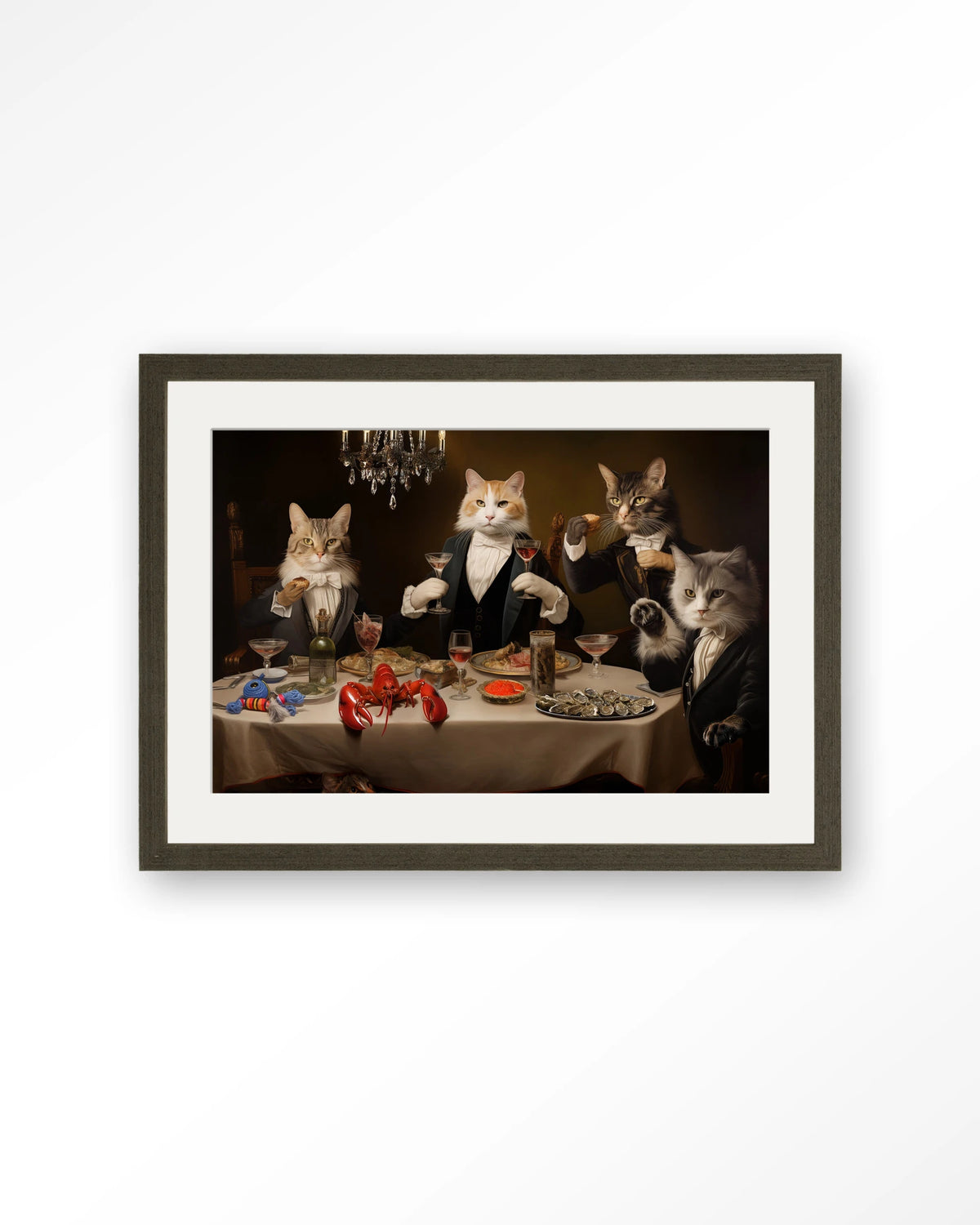 Cat Supper – katten aan diner – Art print – Hout donkerbruin + passe-partout