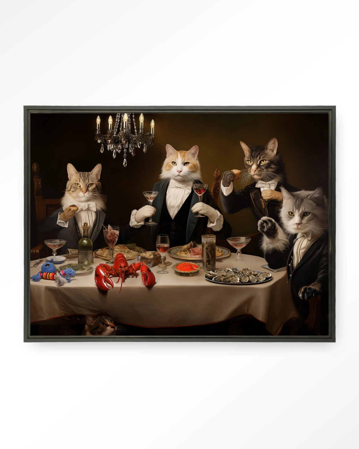 Cat Supper – katten aan diner – Wandkleed – Floating frame – zwart