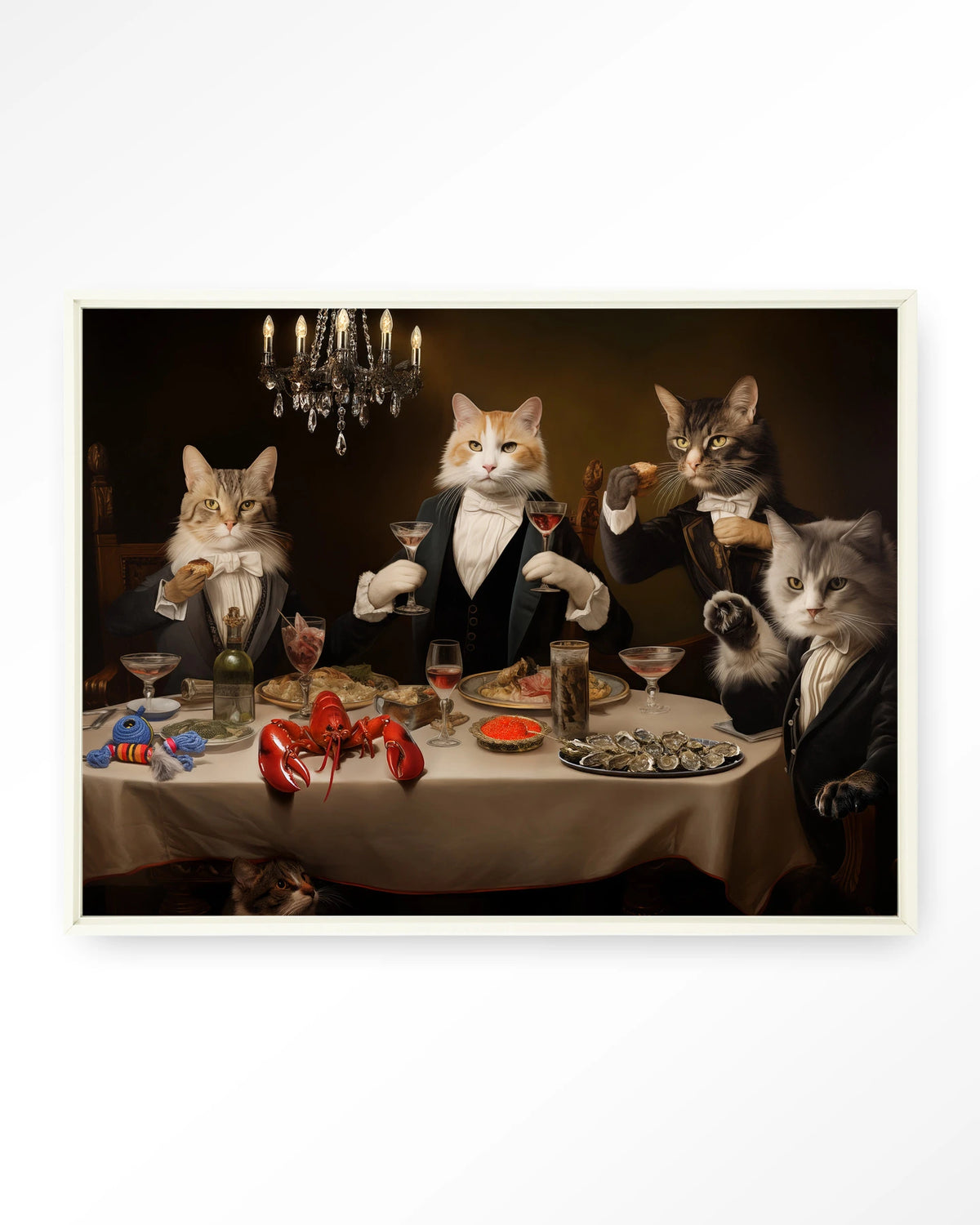 Cat Supper – katten aan diner – Wandkleed – Floating frame – wit