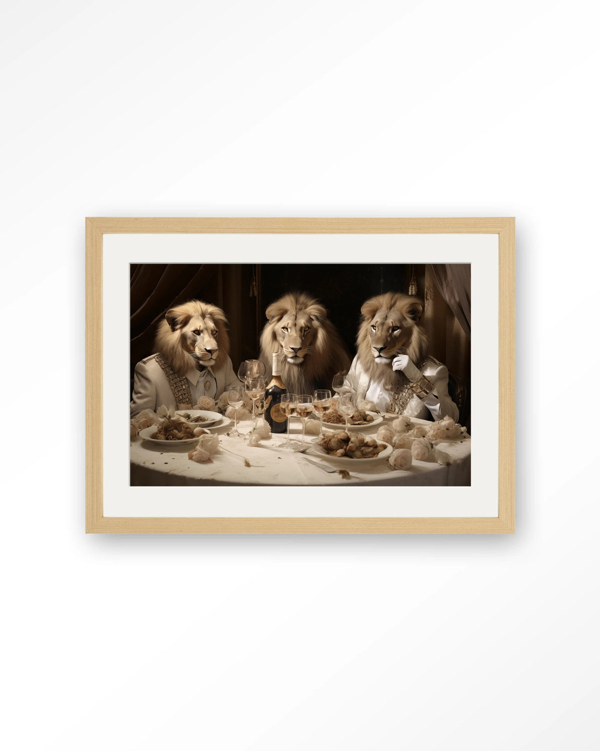 The Gentlelions Club – leeuwen aan tafel – Art print – Hout naturel + passe-partout