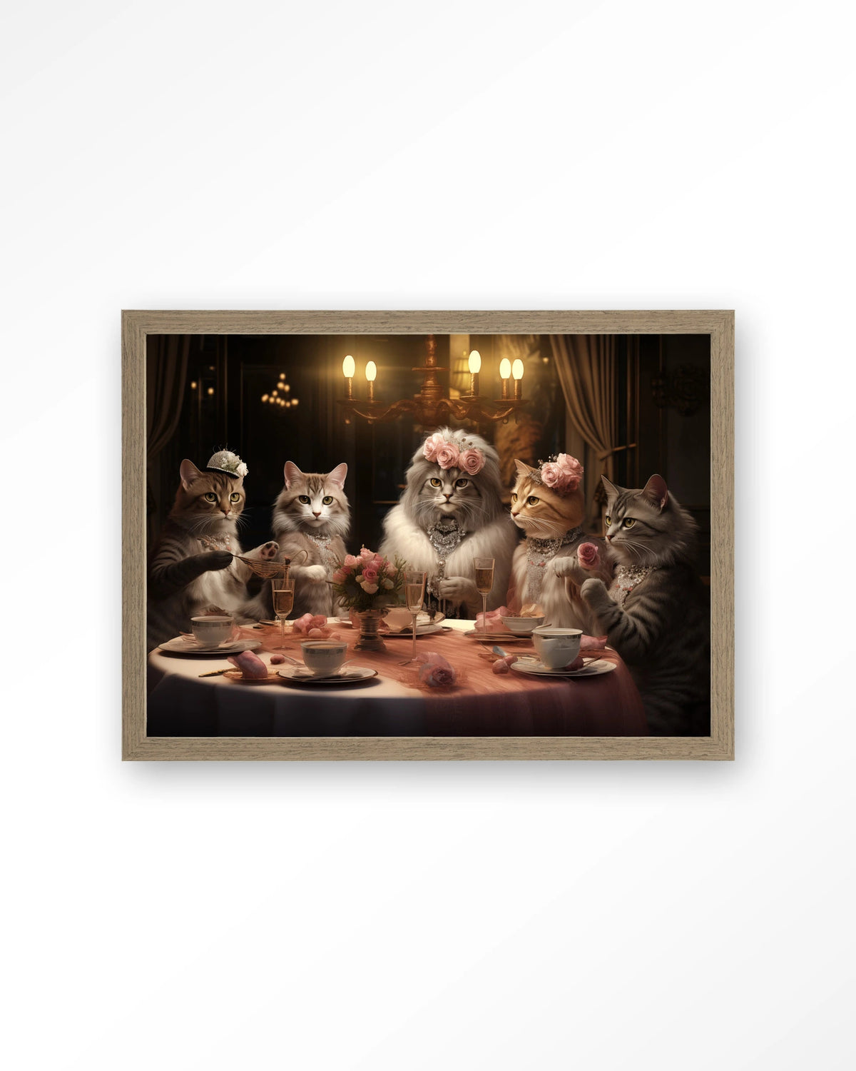 High Cat Tea – katten bij high tea – Art print – Hout bruin
