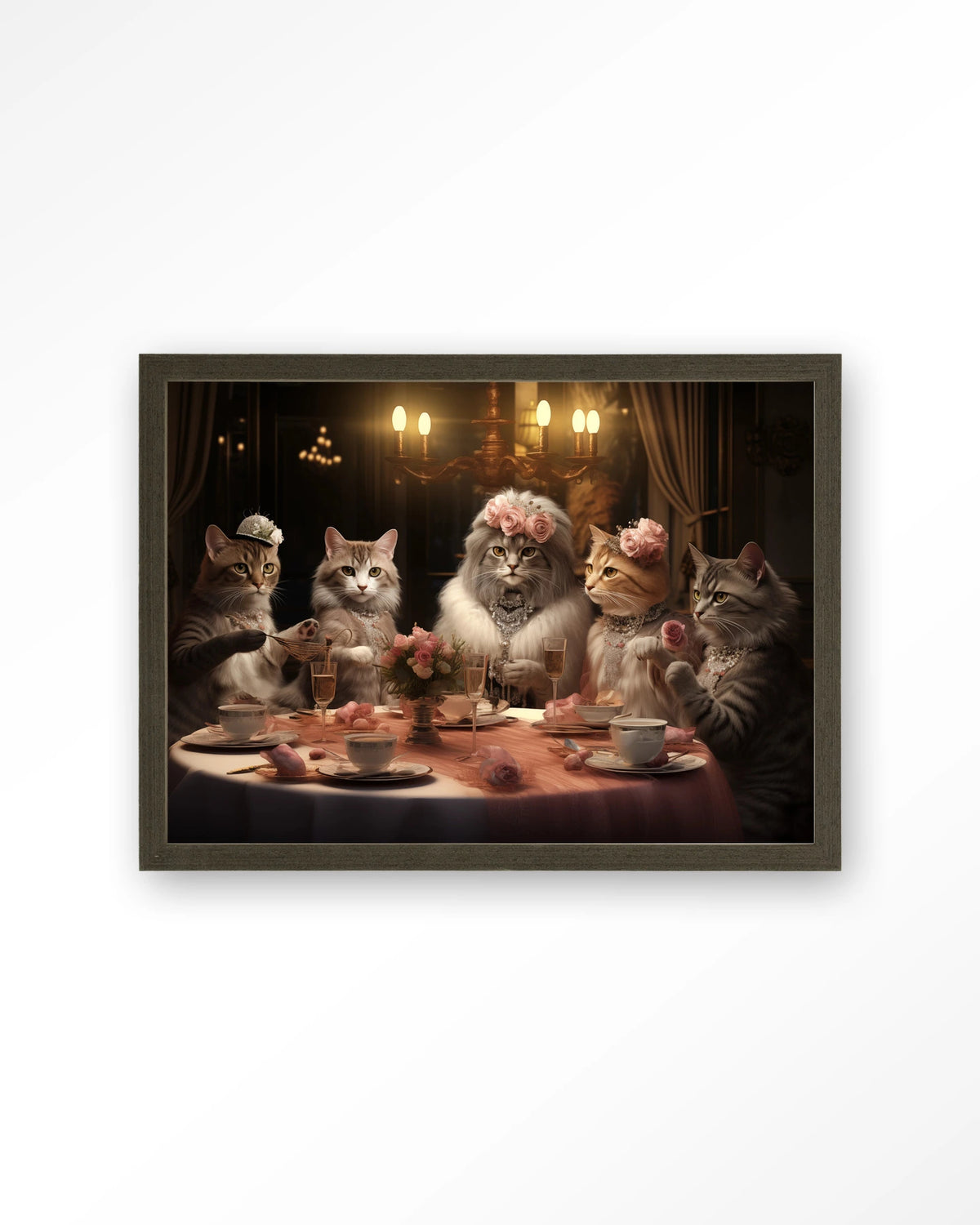 High Cat Tea – katten bij high tea – Art print – Hout donkerbruin