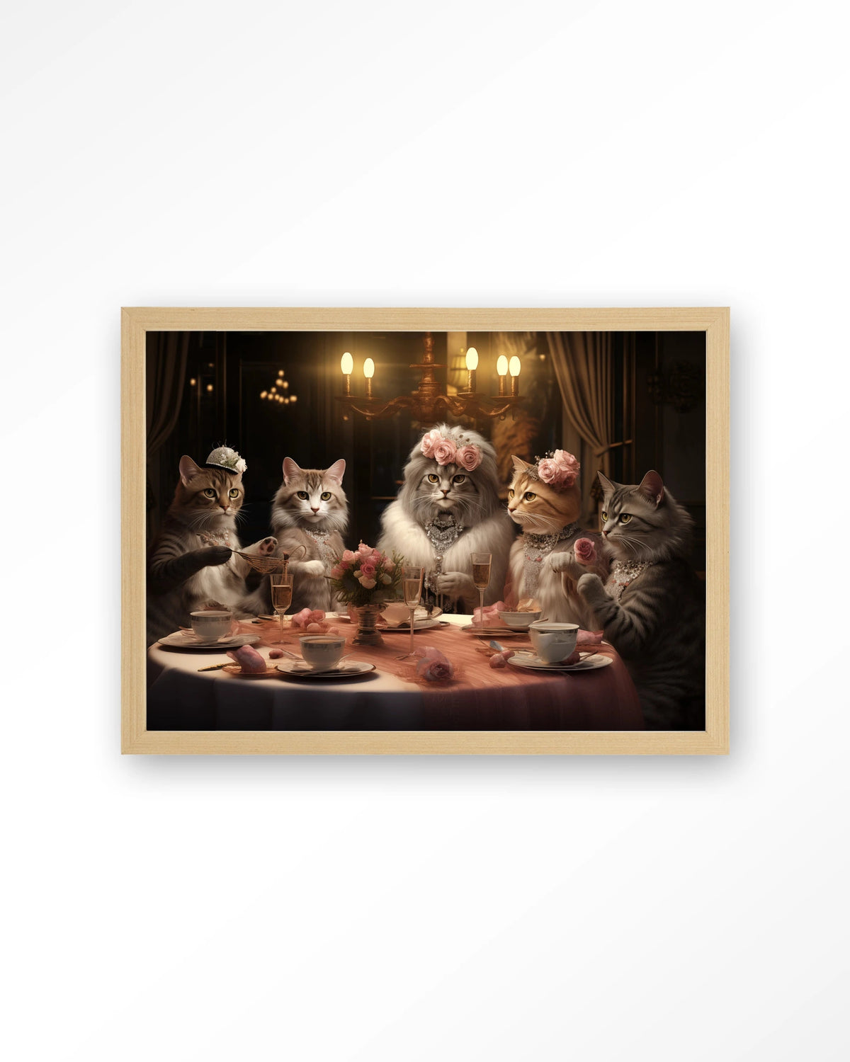 High Cat Tea – katten bij high tea – Art print – Hout naturel