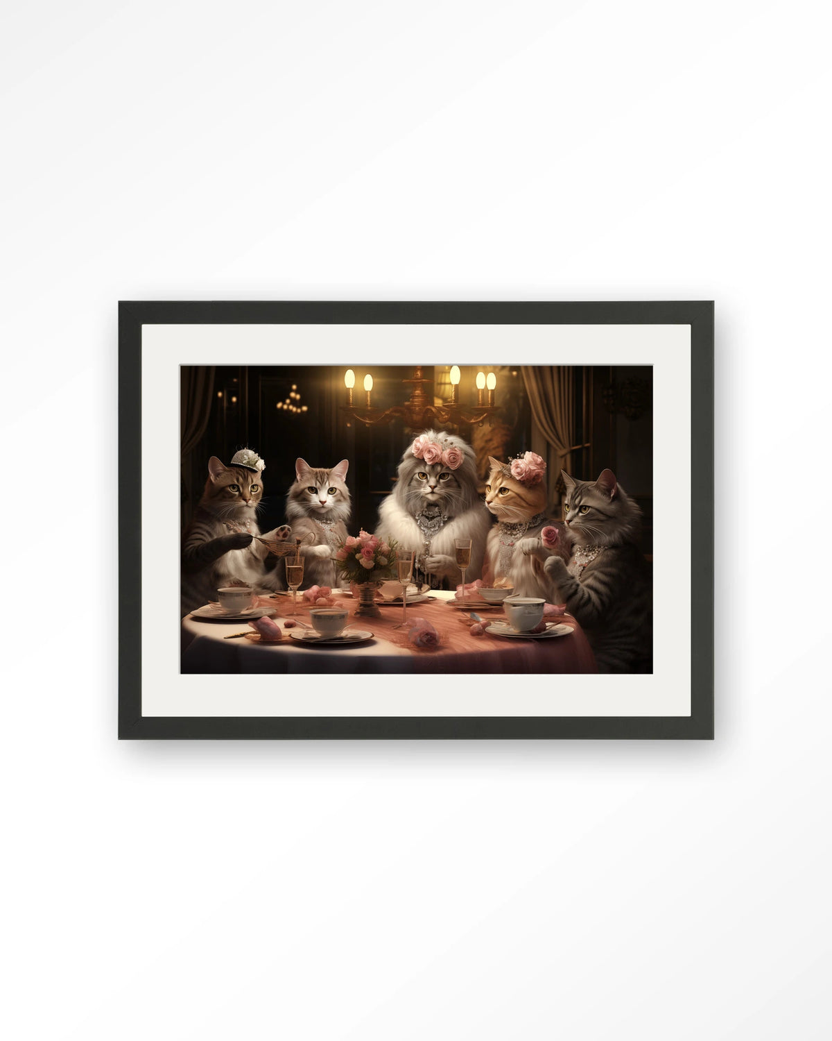 High Cat Tea – katten bij high tea – Art print – Hout zwart + passe-partout
