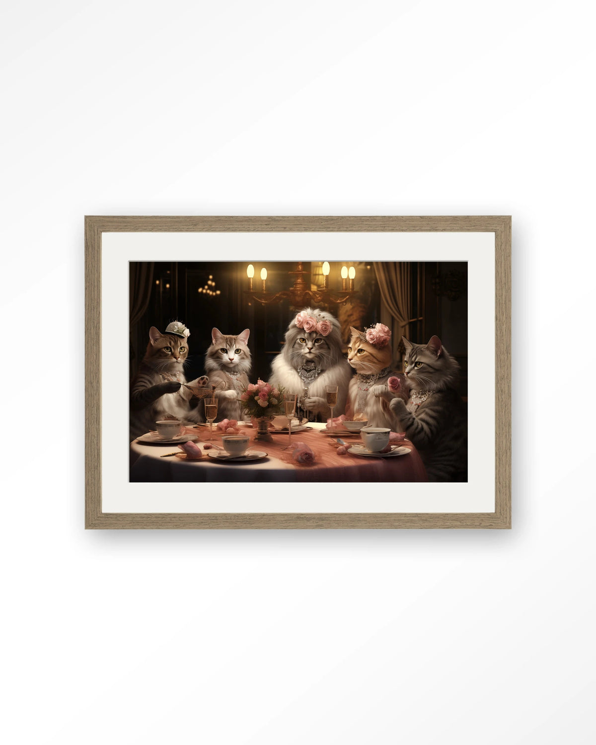 High Cat Tea – katten bij high tea – Art print – Hout bruin + passe-partout