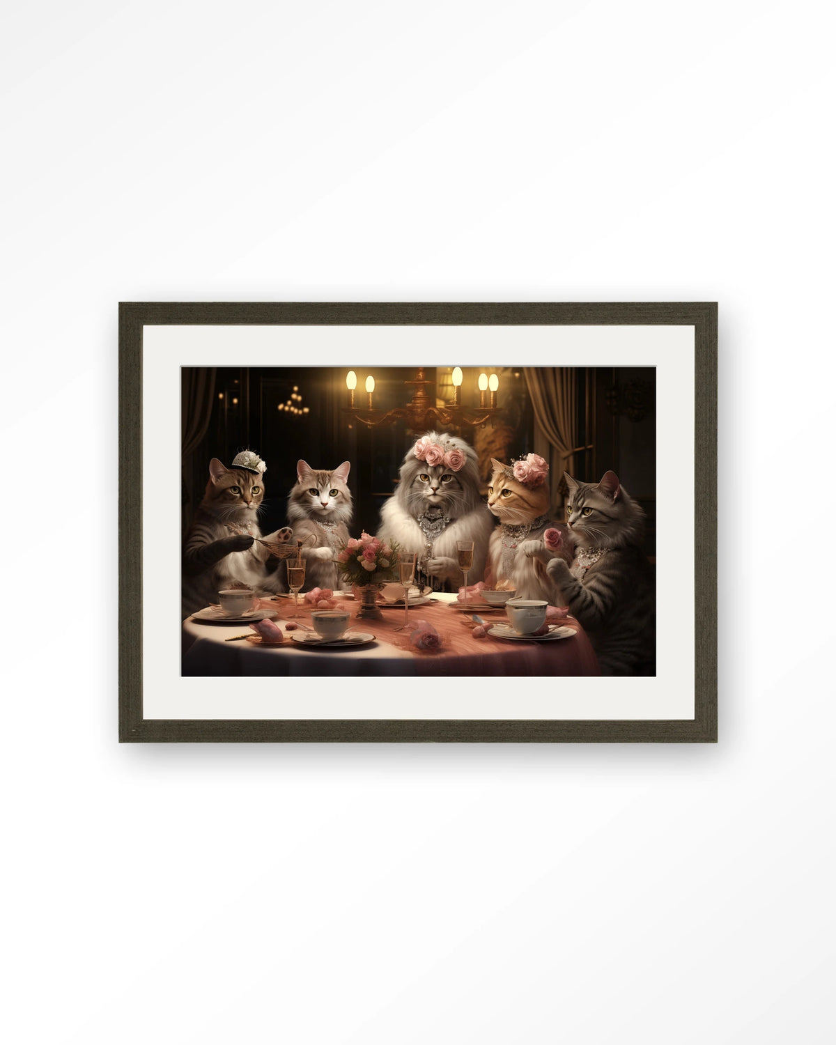 High Cat Tea – katten bij high tea – Art print – Hout donkerbruin + passe-partout