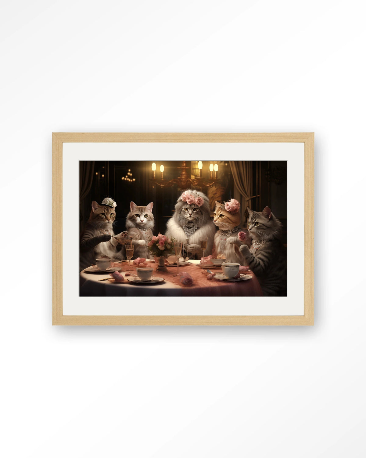 High Cat Tea – katten bij high tea – Art print – Hout naturel + passe-partout