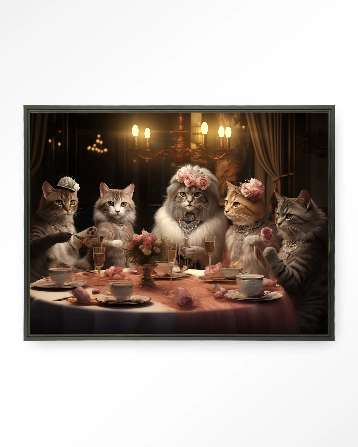High Cat Tea – katten bij high tea – Wandkleed – Floating frame – zwart