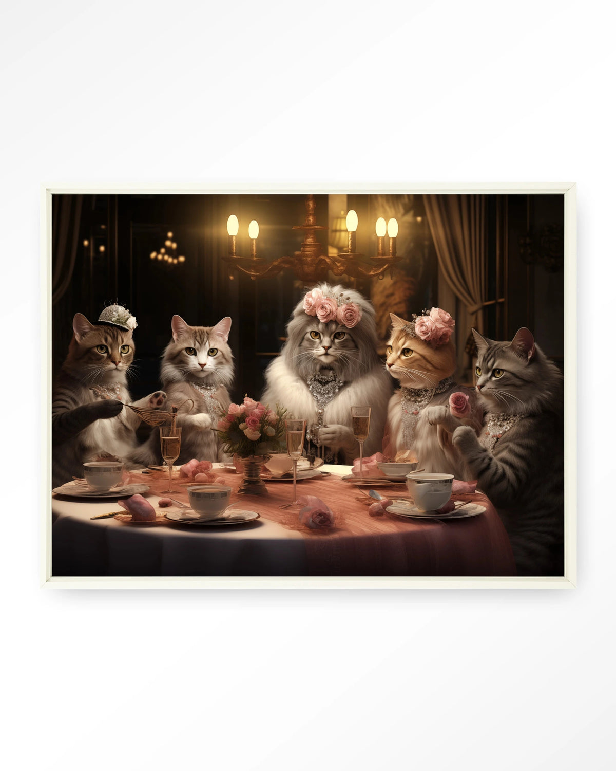 High Cat Tea – katten bij high tea – Wandkleed – Floating frame – wit