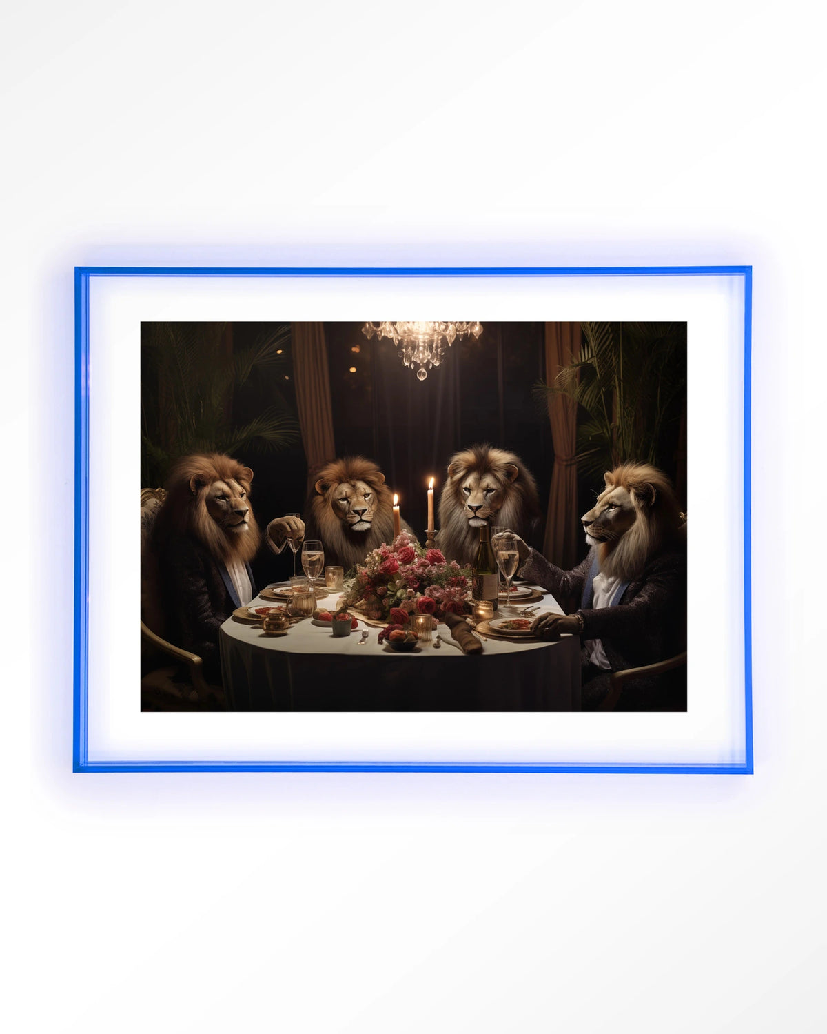 Lions Dinner – leeuwen aan een diner – Art print – Acryl lichtblauw