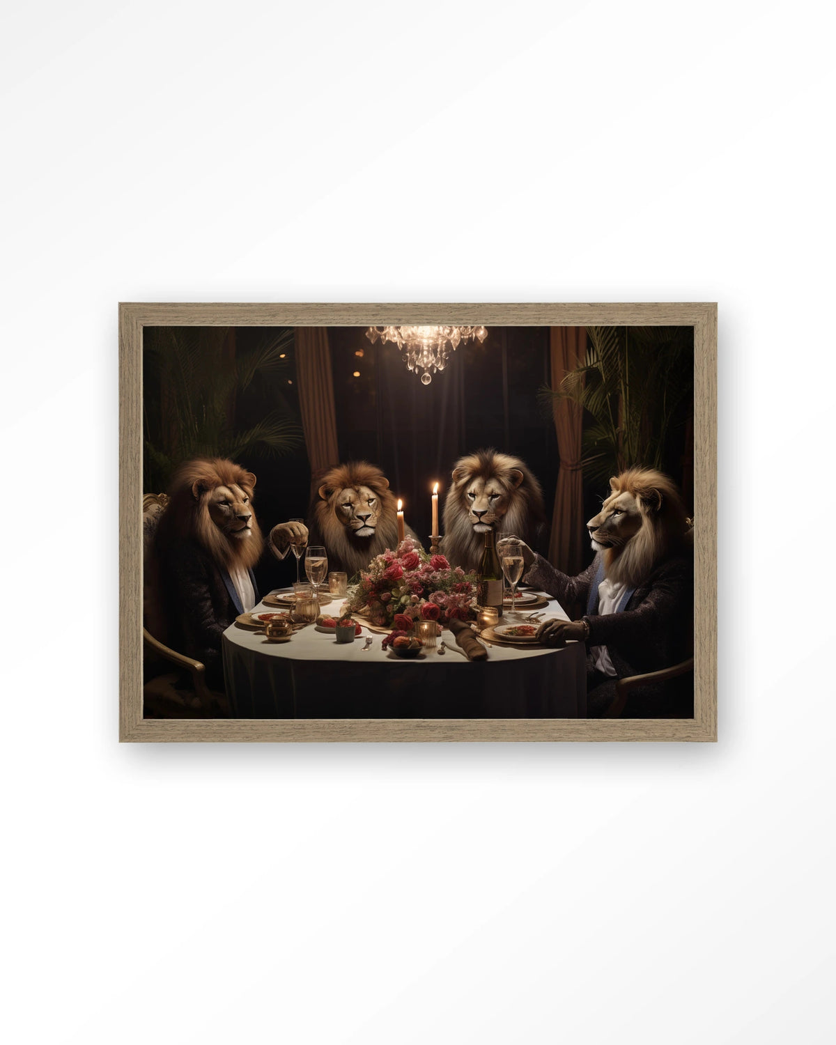 Lions Dinner – leeuwen aan een diner – Art print – Hout bruin