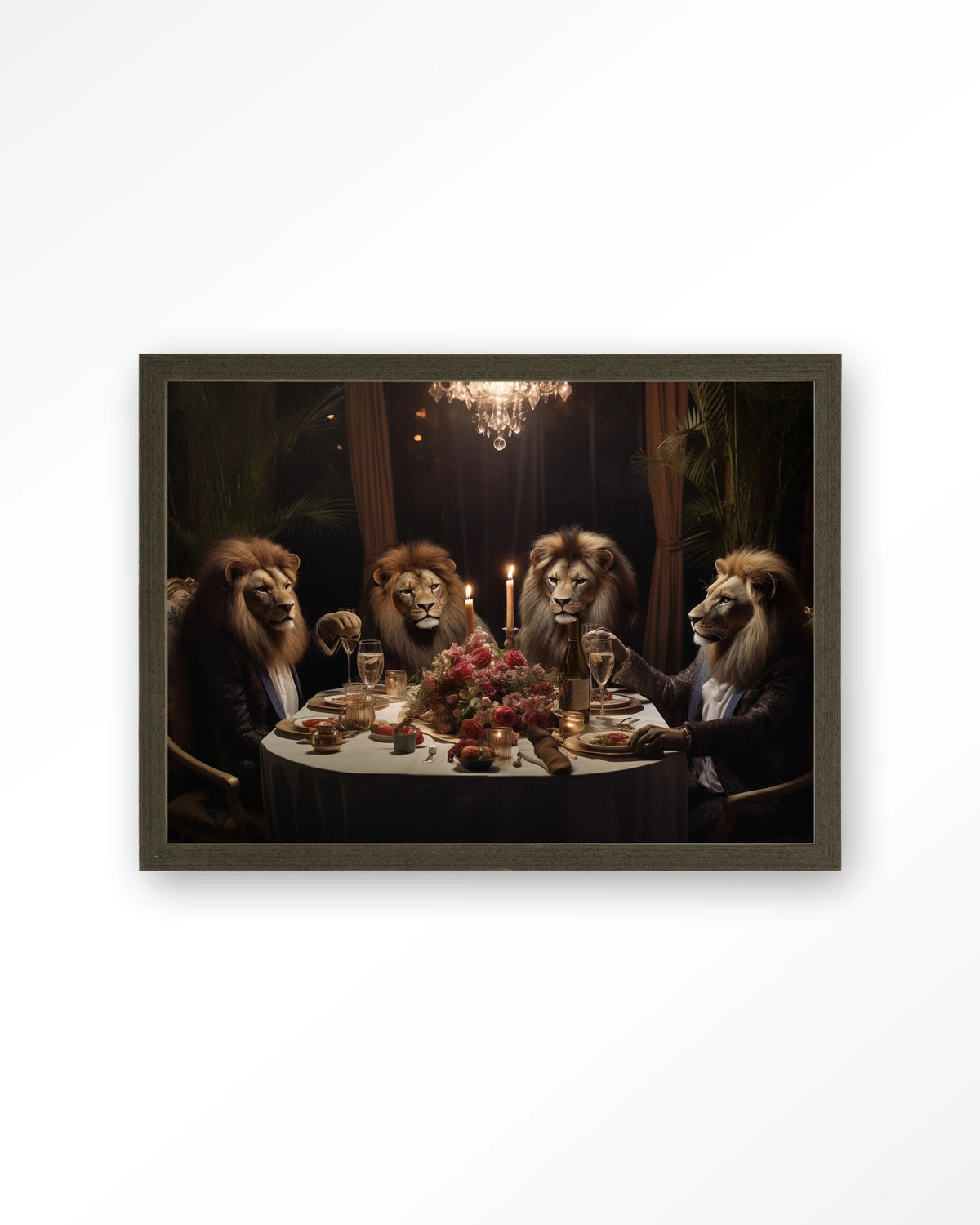 Lions Dinner – leeuwen aan een diner – Art print – Hout donkerbruin