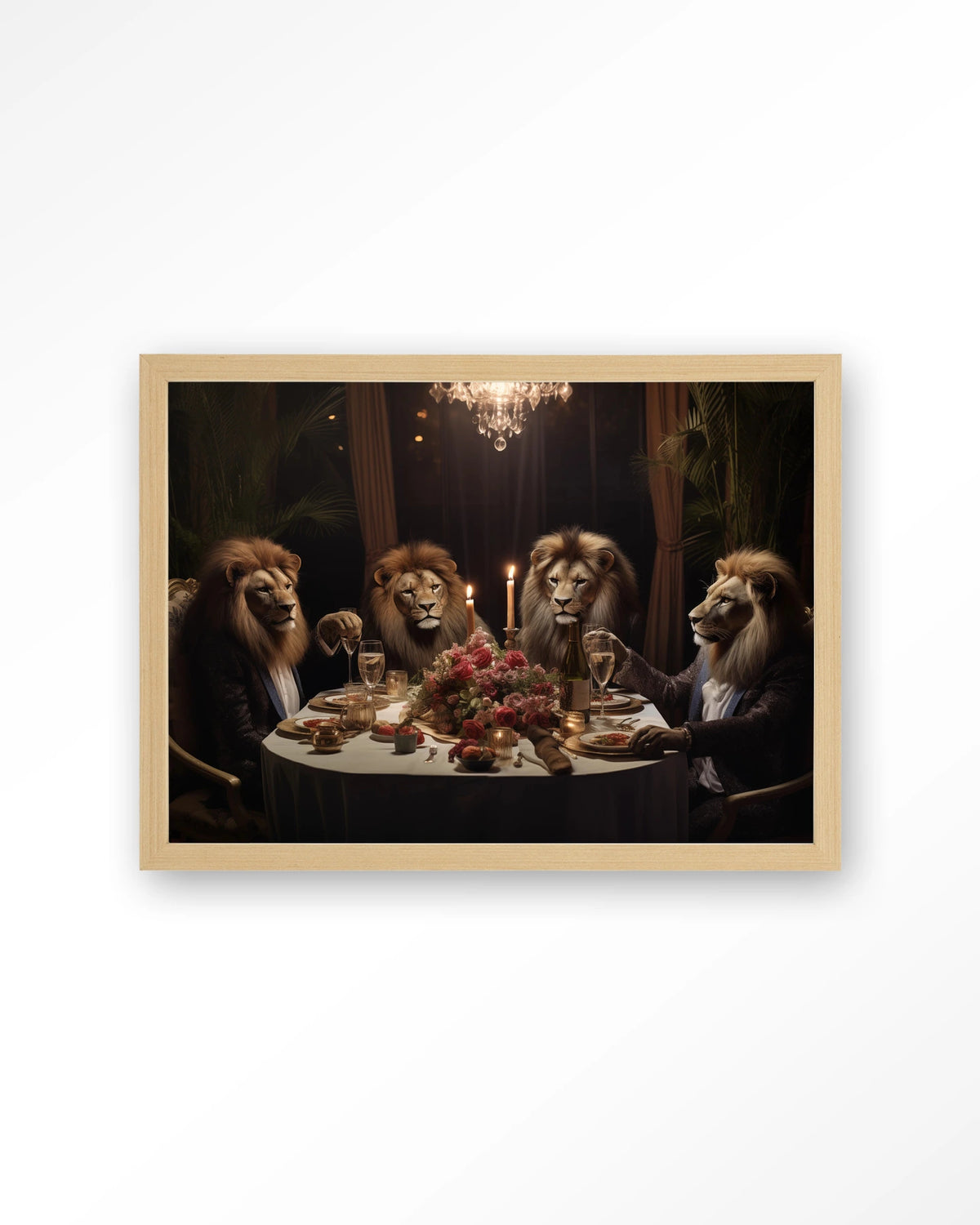 Lions Dinner – leeuwen aan een diner – Art print – Hout naturel