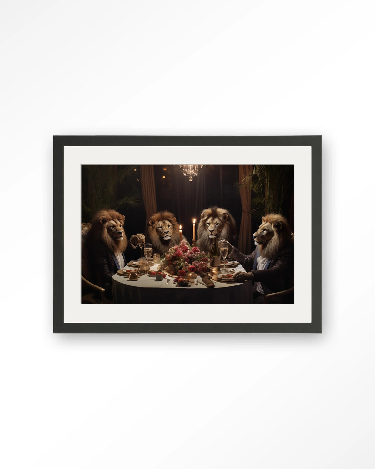 Lions Dinner – leeuwen aan een diner – Art print – Hout zwart + passe-partout