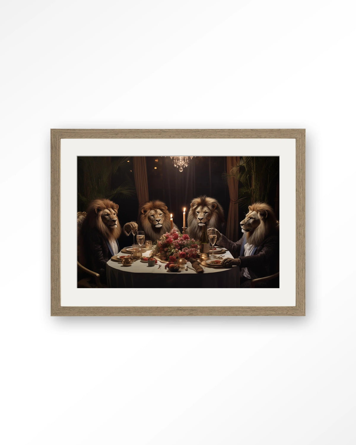 Lions Dinner – leeuwen aan een diner – Art print – Hout bruin + passe-partout