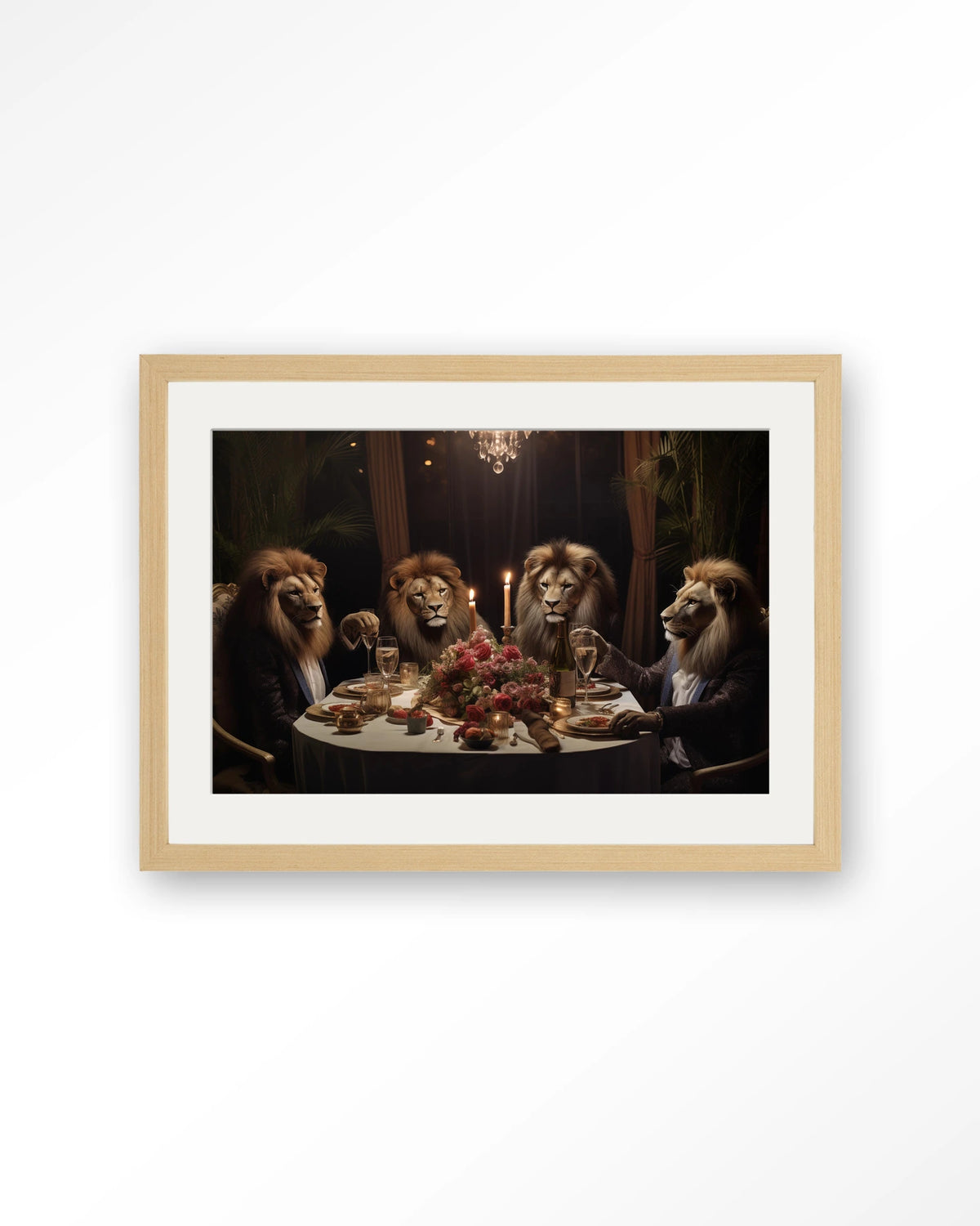 Lions Dinner – leeuwen aan een diner – Art print – Hout naturel + passe-partout