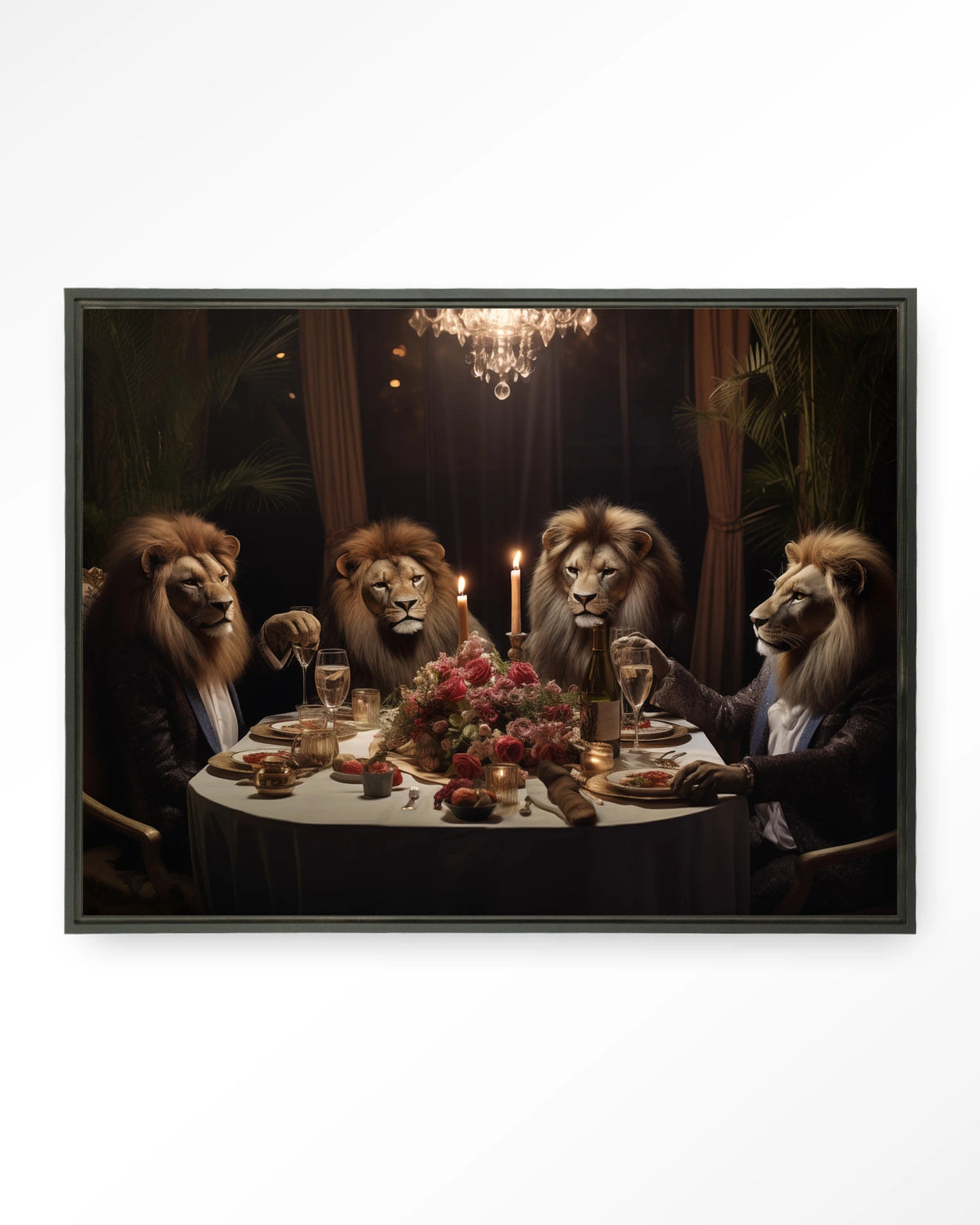 Lions Dinner – leeuwen aan een diner – Wandkleed – Floating frame – zwart