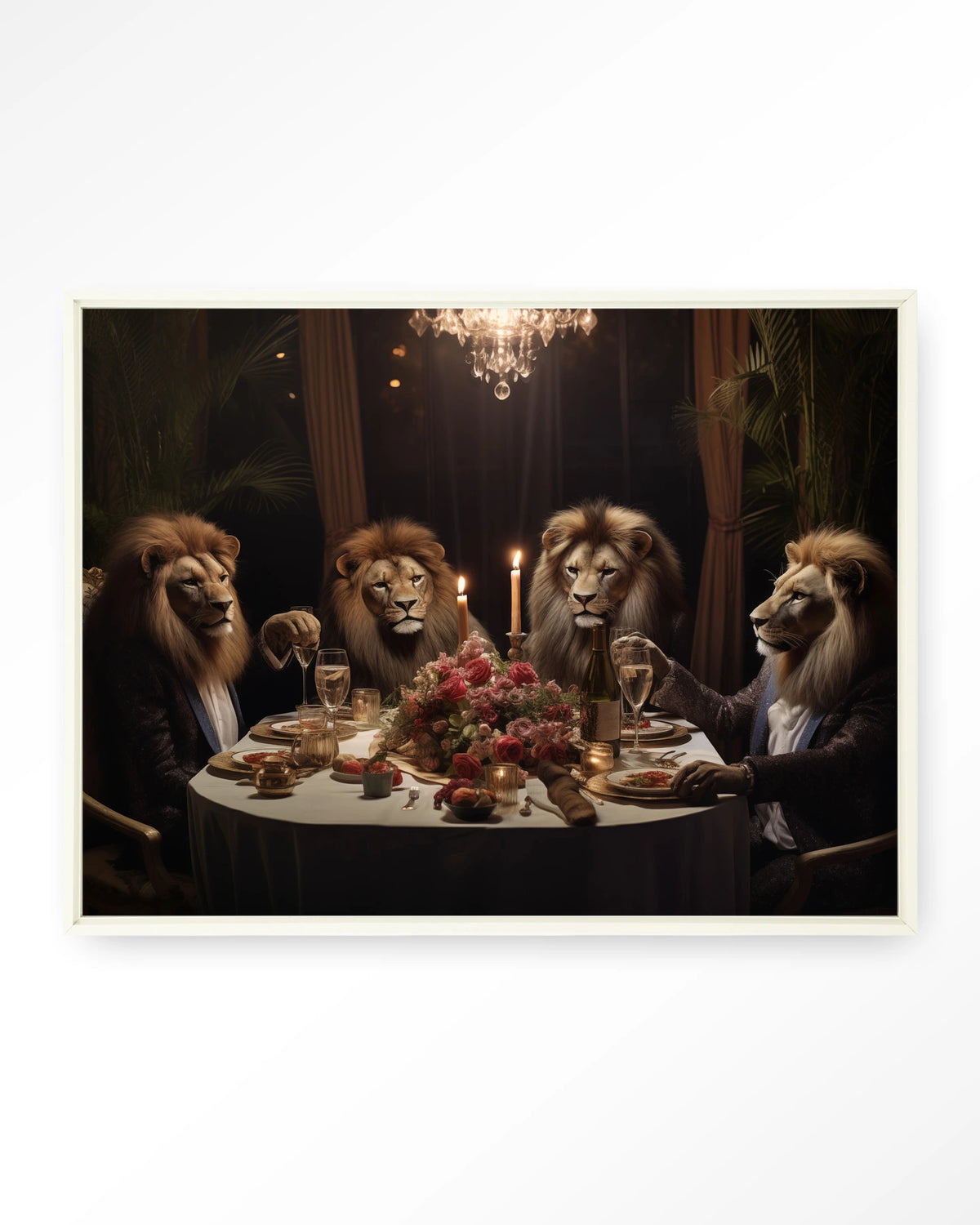 Lions Dinner – leeuwen aan een diner – Wandkleed – Floating frame – wit