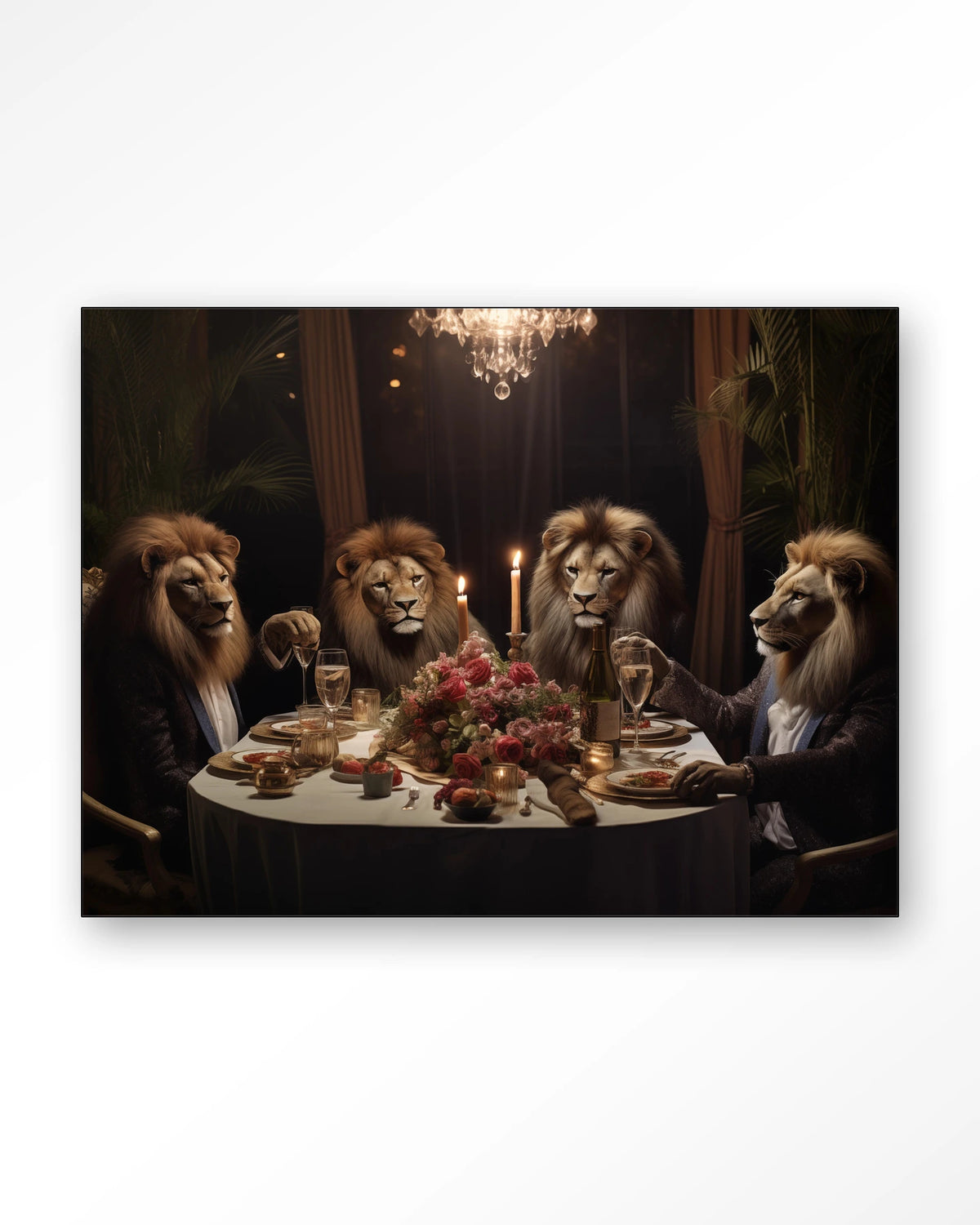 Lions Dinner – leeuwen aan een diner – Wandkleed – Frame – zwart
