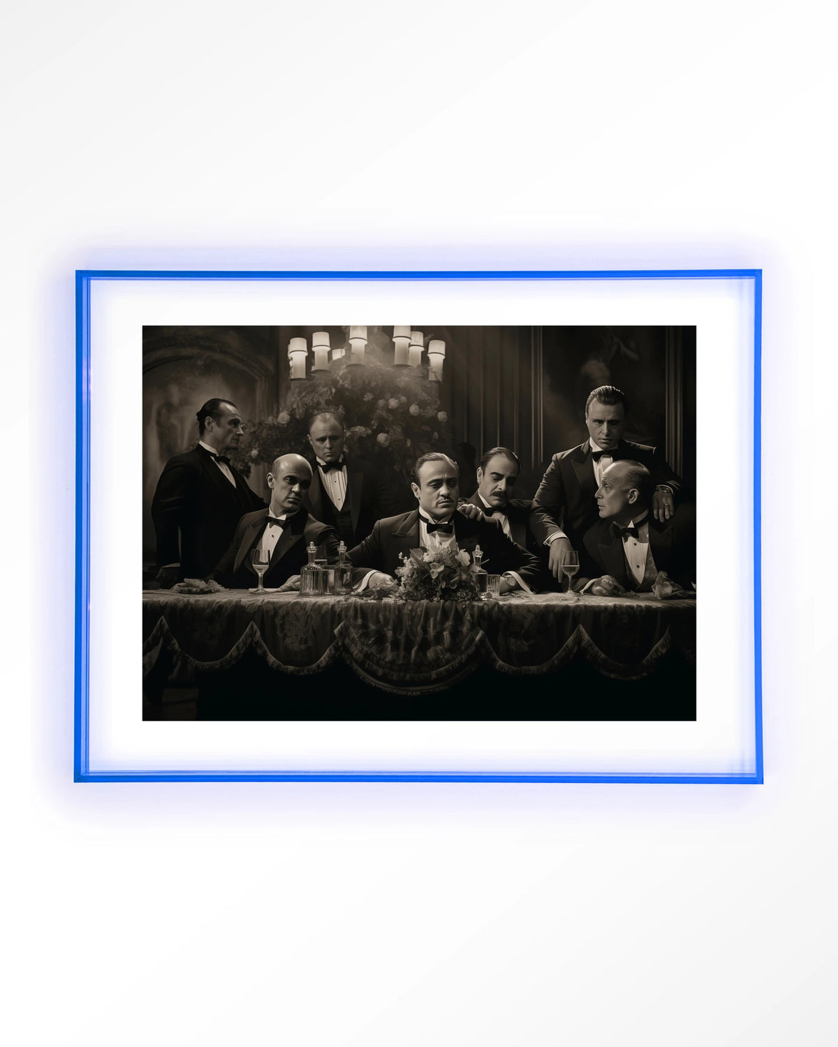 Godfathers Table – maffiabazen aan tafel in zwart-wit – Art print – Acryl lichtblauw