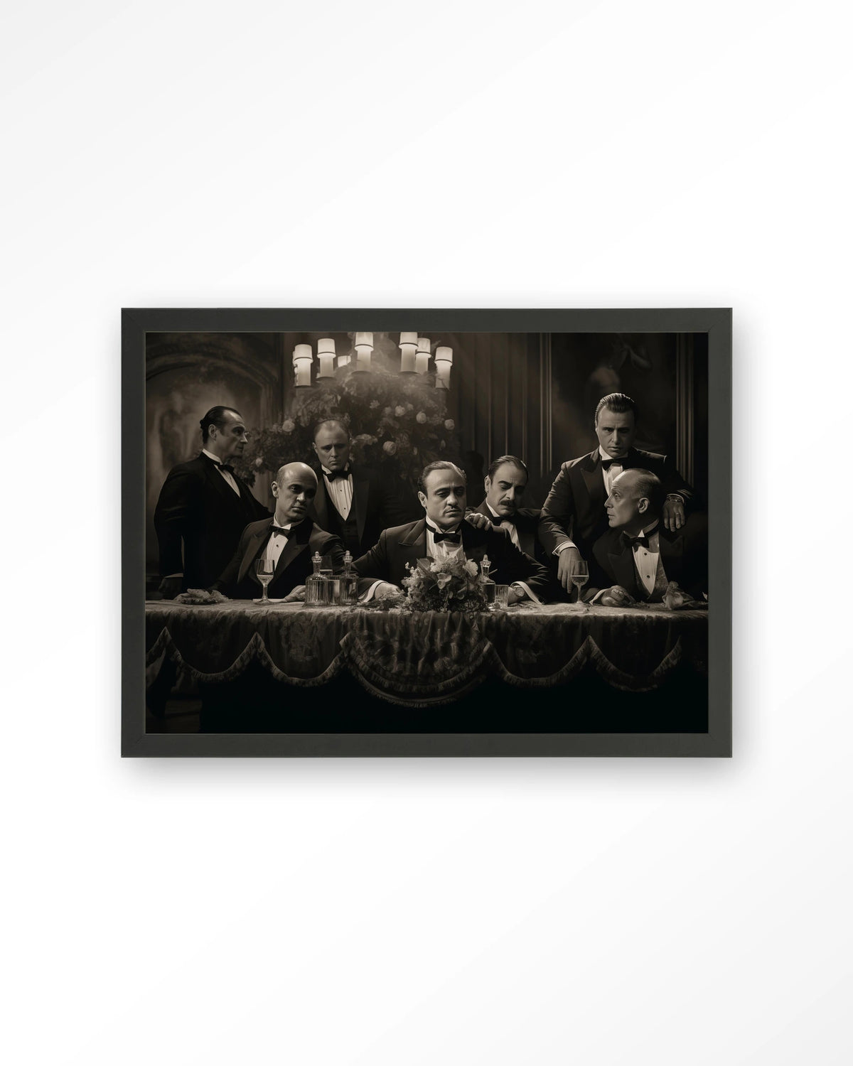 Godfathers Table – maffiabazen aan tafel in zwart-wit – Art print – Hout zwart