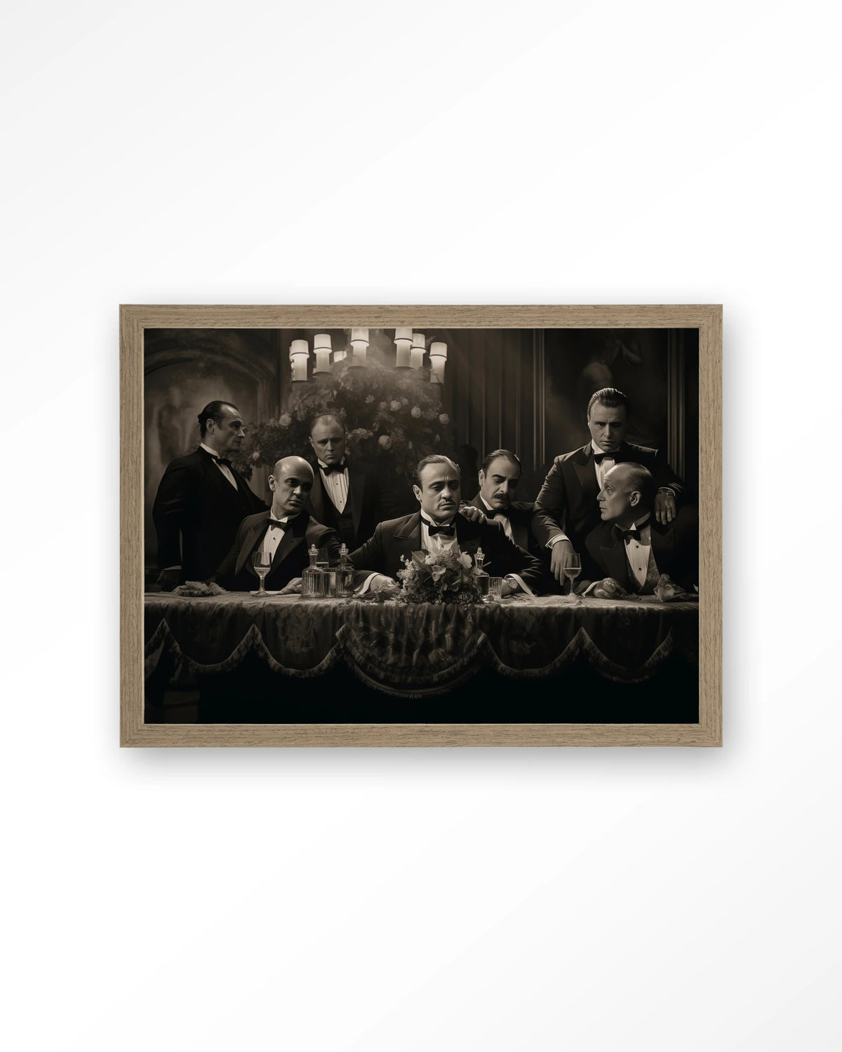 Godfathers Table – maffiabazen aan tafel in zwart-wit – Art print – Hout bruin