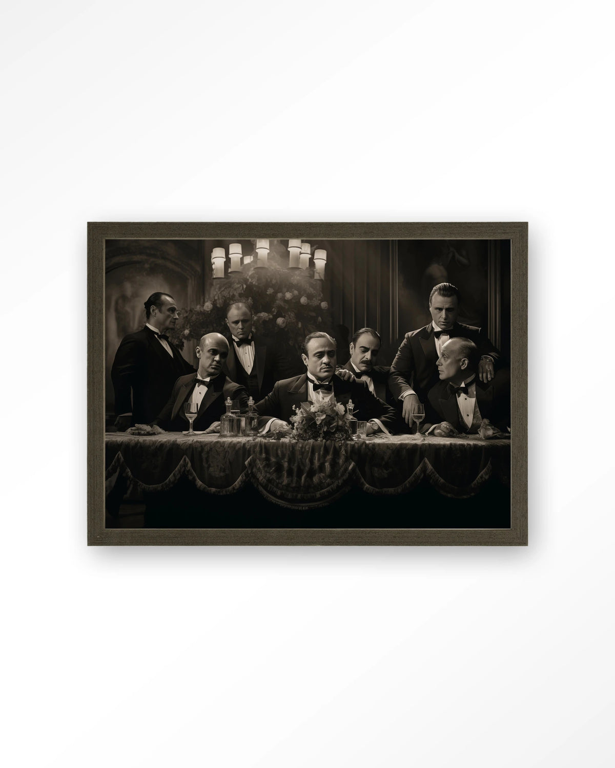 Godfathers Table – maffiabazen aan tafel in zwart-wit – Art print – Hout donkerbruin