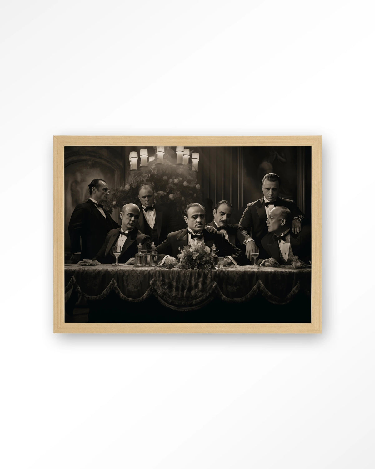 Godfathers Table – maffiabazen aan tafel in zwart-wit – Art print – Hout naturel