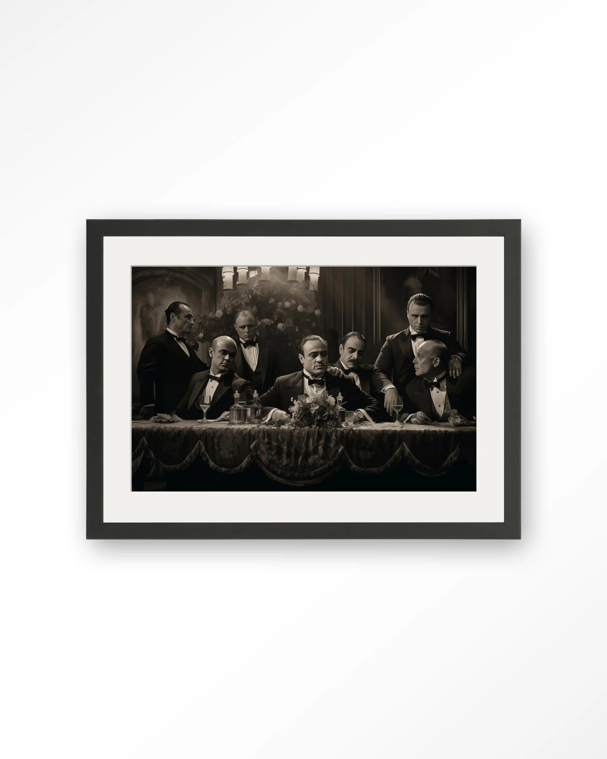 Godfathers Table – maffiabazen aan tafel in zwart-wit – Art print – Hout zwart + passe-partout