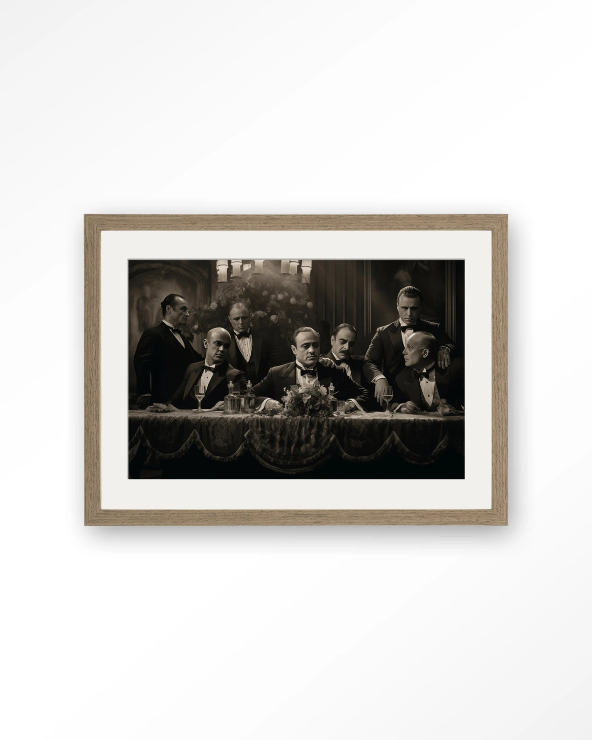 Godfathers Table – maffiabazen aan tafel in zwart-wit – Art print – Hout bruin + passe-partout