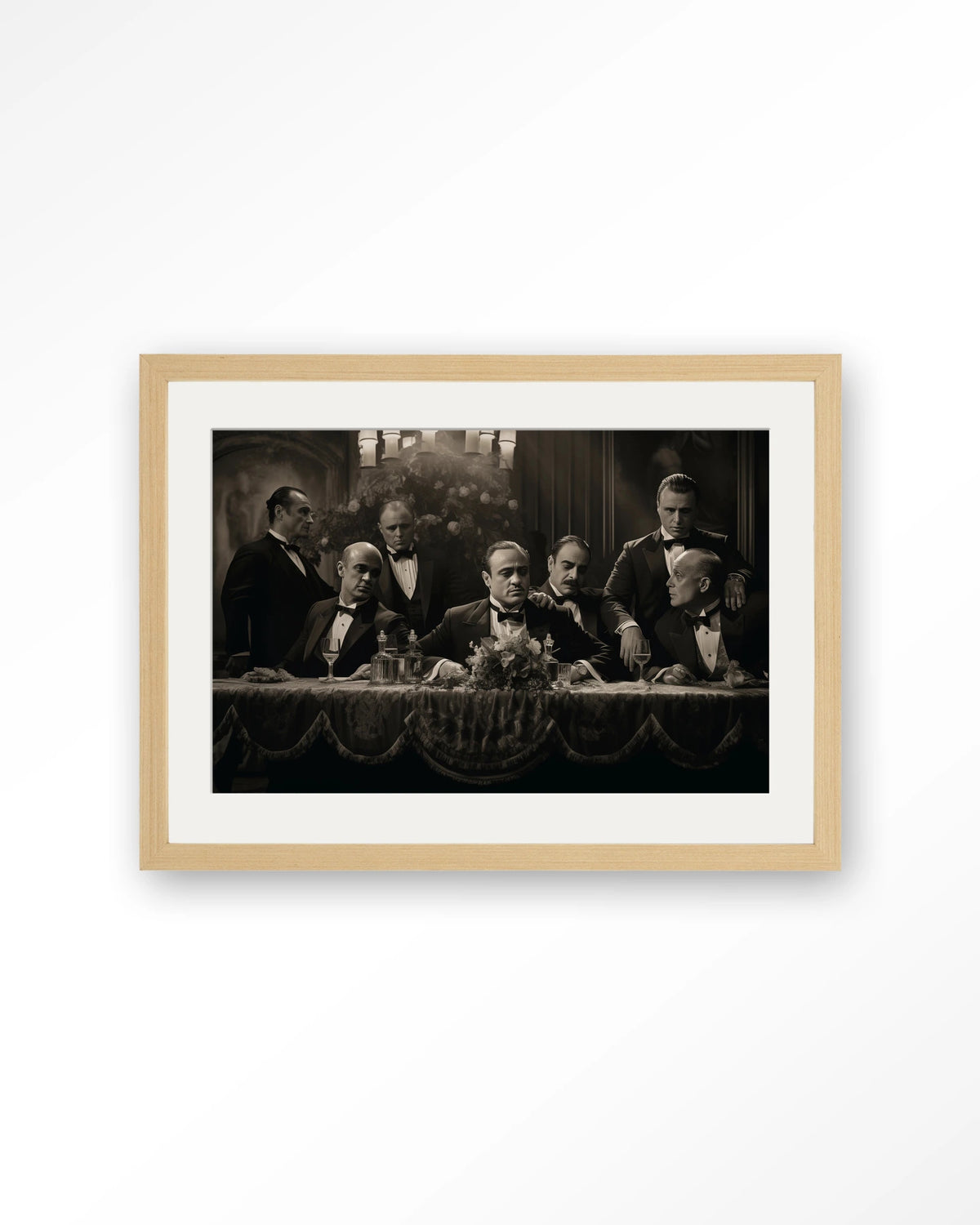 Godfathers Table – maffiabazen aan tafel in zwart-wit – Art print – Hout naturel + passe-partout