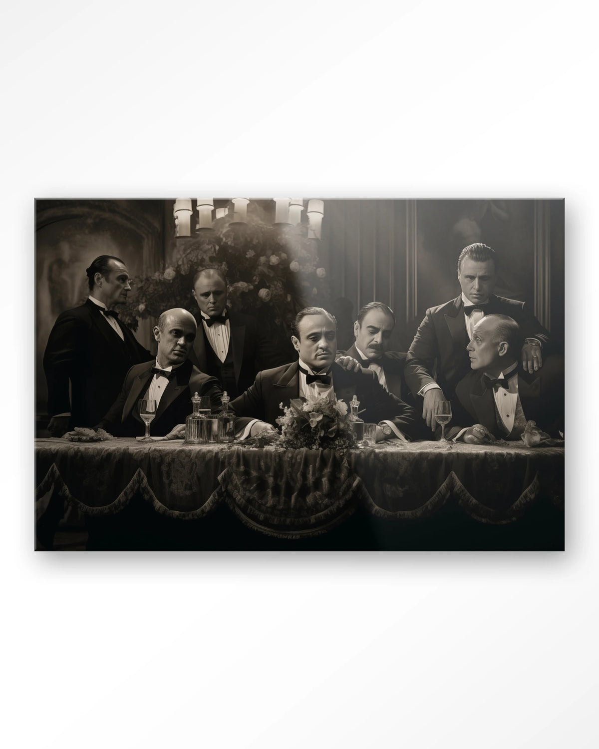 Godfathers Table – maffiabazen aan tafel in zwart-wit – Glas – Blinde montage
